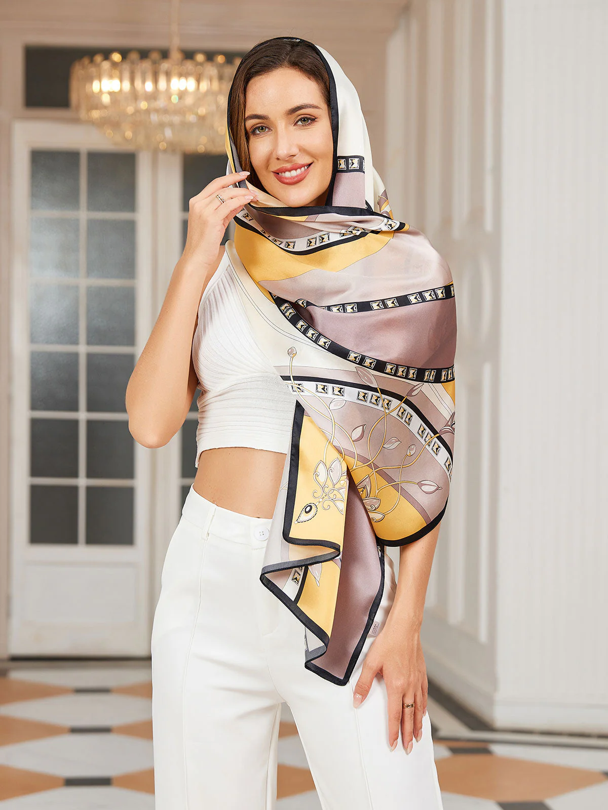 100% Mulberry Silk Printed Rectangular Long Shawl Scarf 170x53cm - Image 4