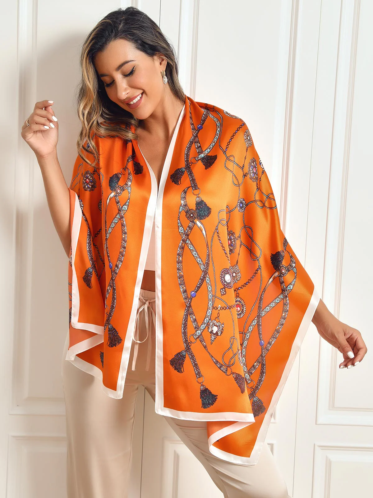 100% Mulberry Silk Printed Rectangular Long Shawl Scarf 170x53cm - Image 4