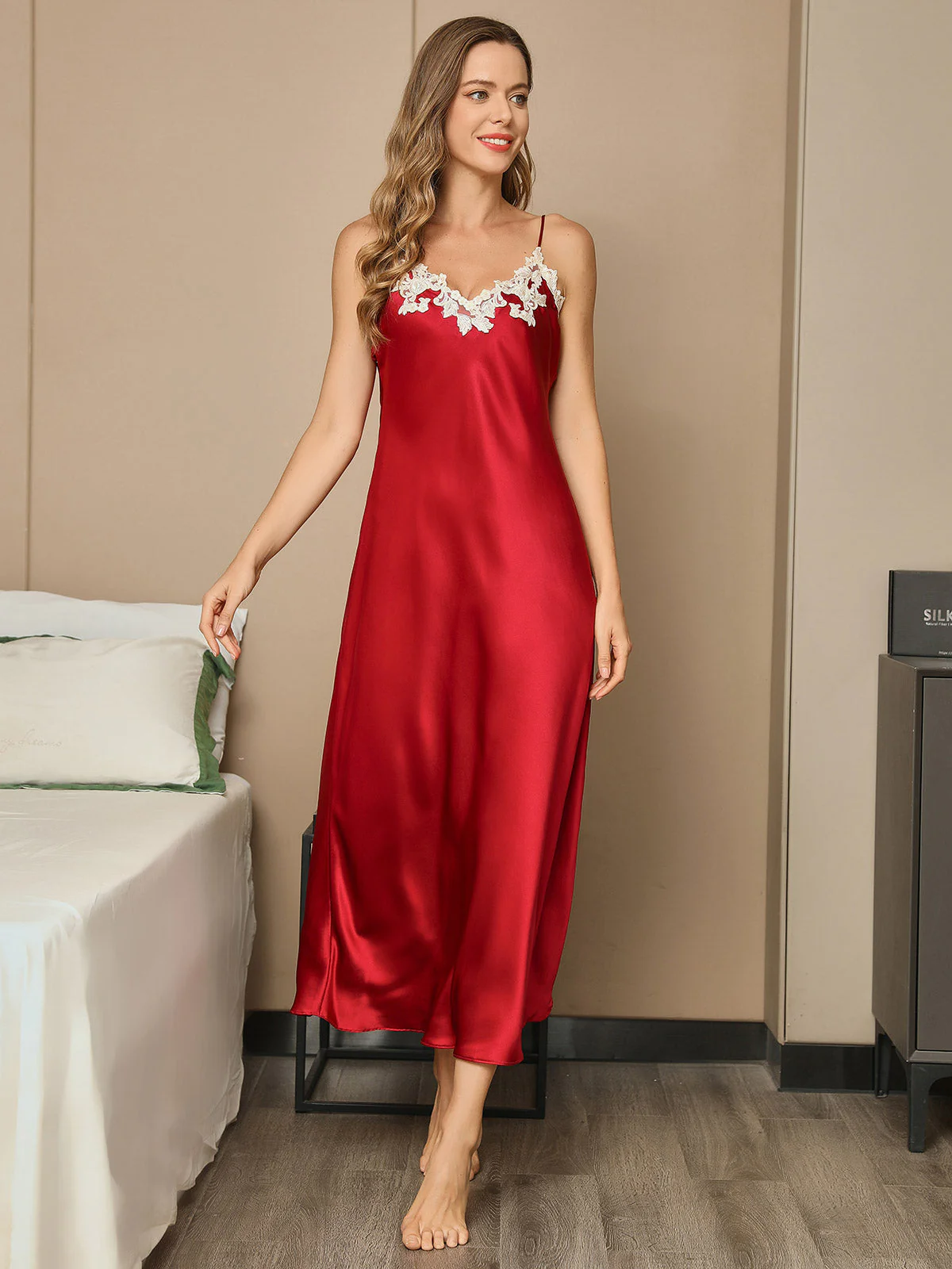 19Momme Pure Silk Spaghetti Strap V Neck Midi Dress with Lace V-Back Design - Image 30