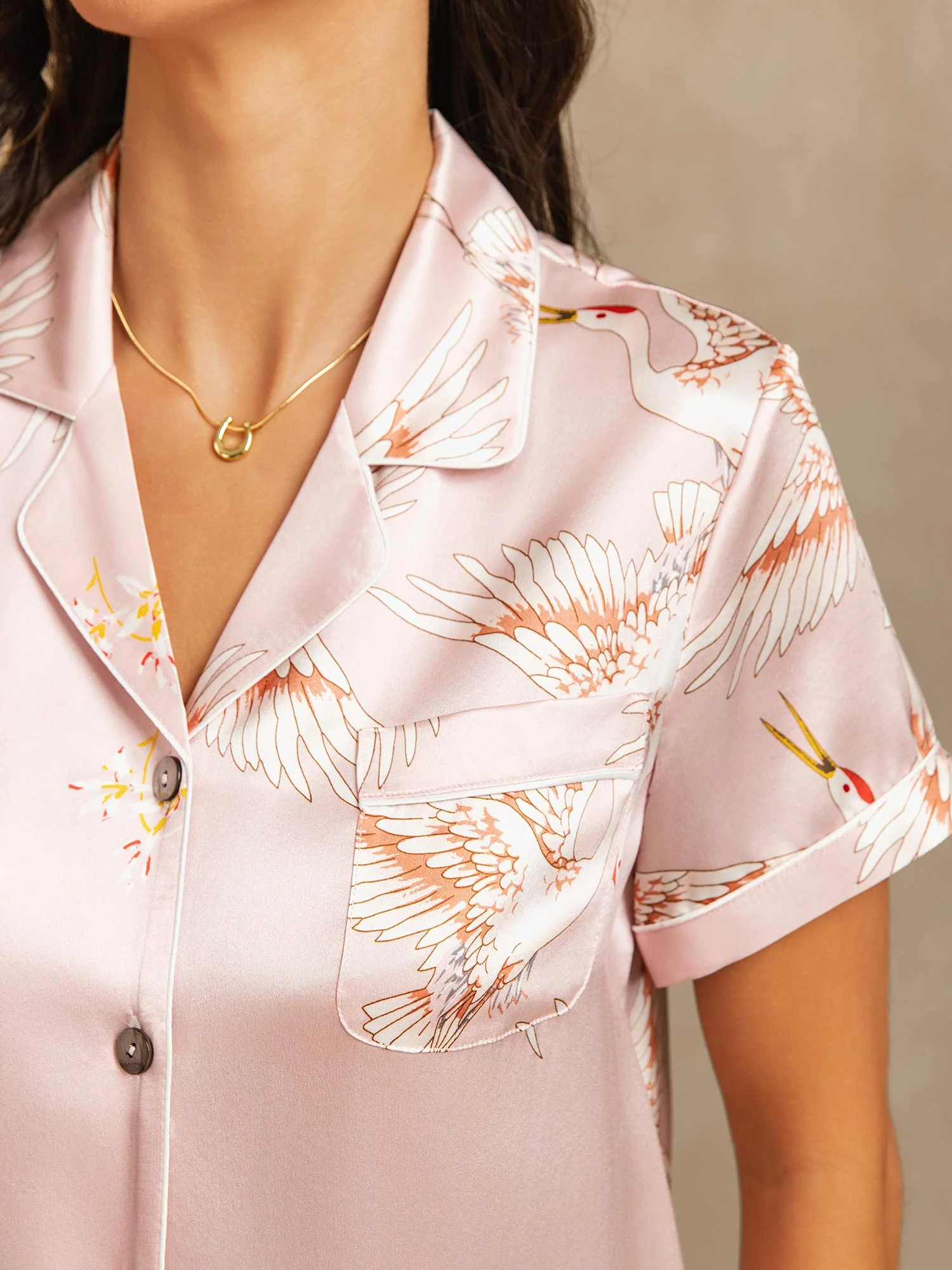 19Momme Pure Silk Crane Print Short Sleeve Notch Collar Women's Pyjamas Set - Image 10