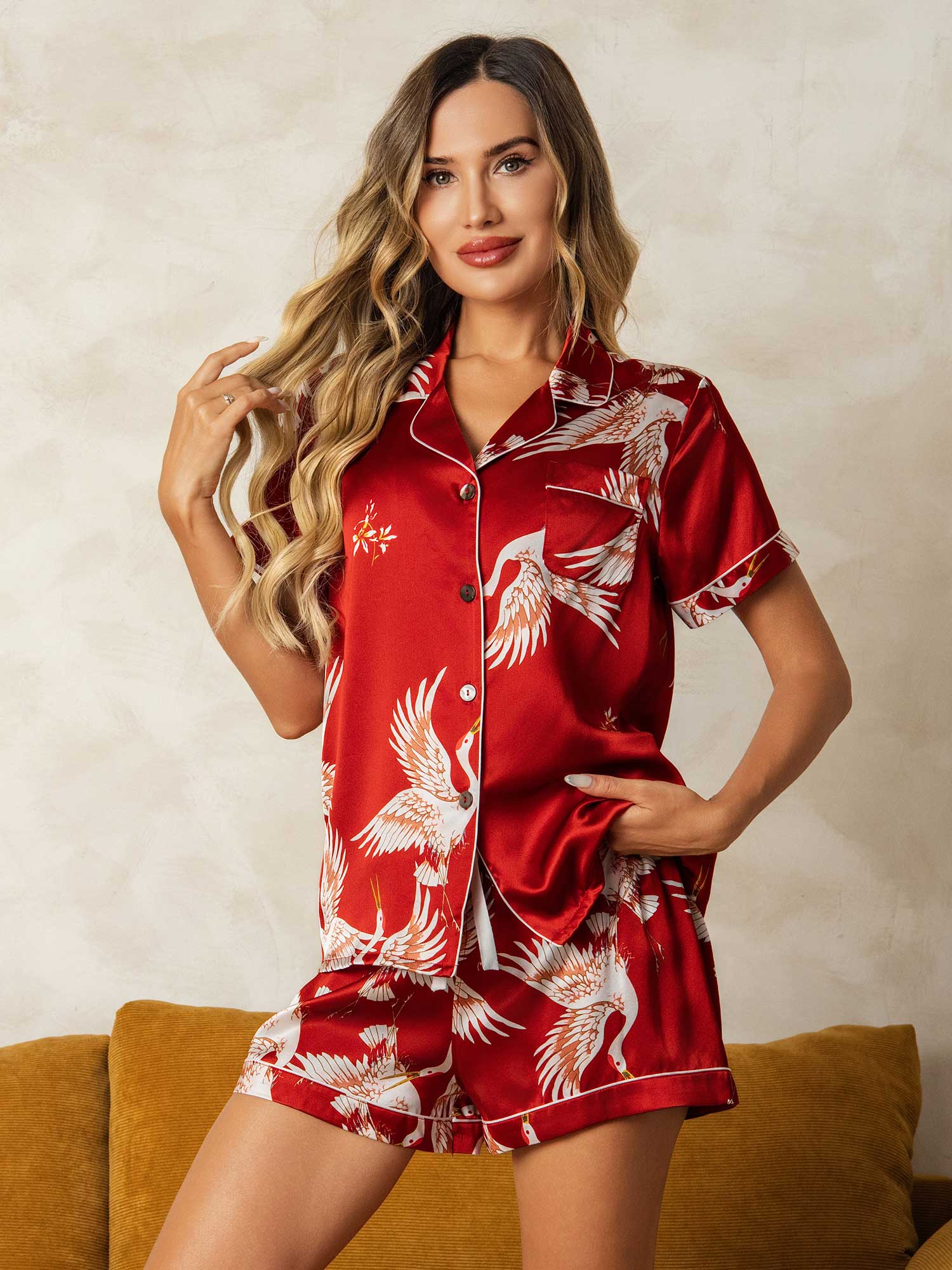 19Momme Pure Silk Crane Print Short Sleeve Notch Collar Women's Pyjamas Set - Image 16