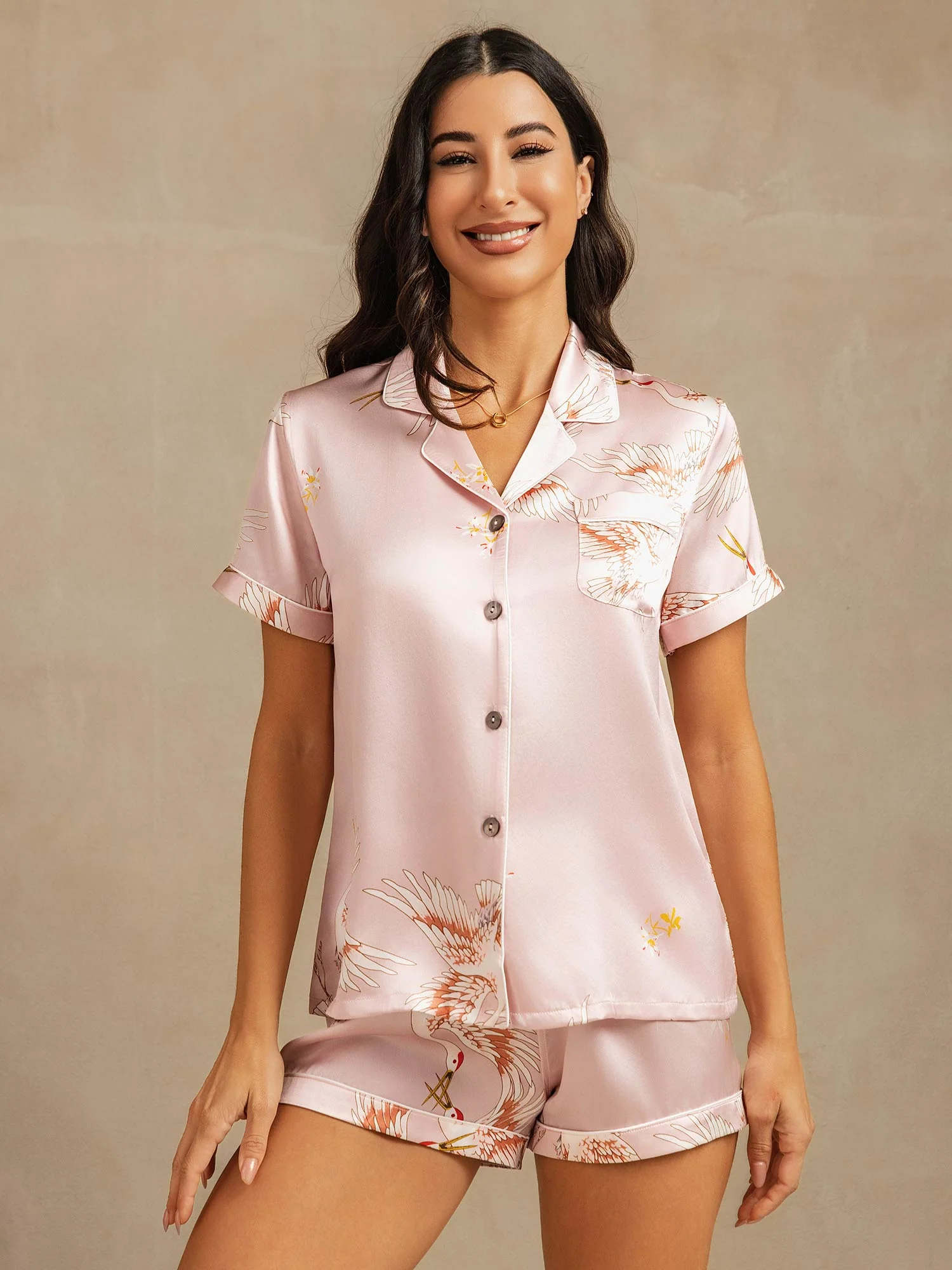 19Momme Pure Silk Crane Print Short Sleeve Notch Collar Women's Pyjamas Set - Image 7