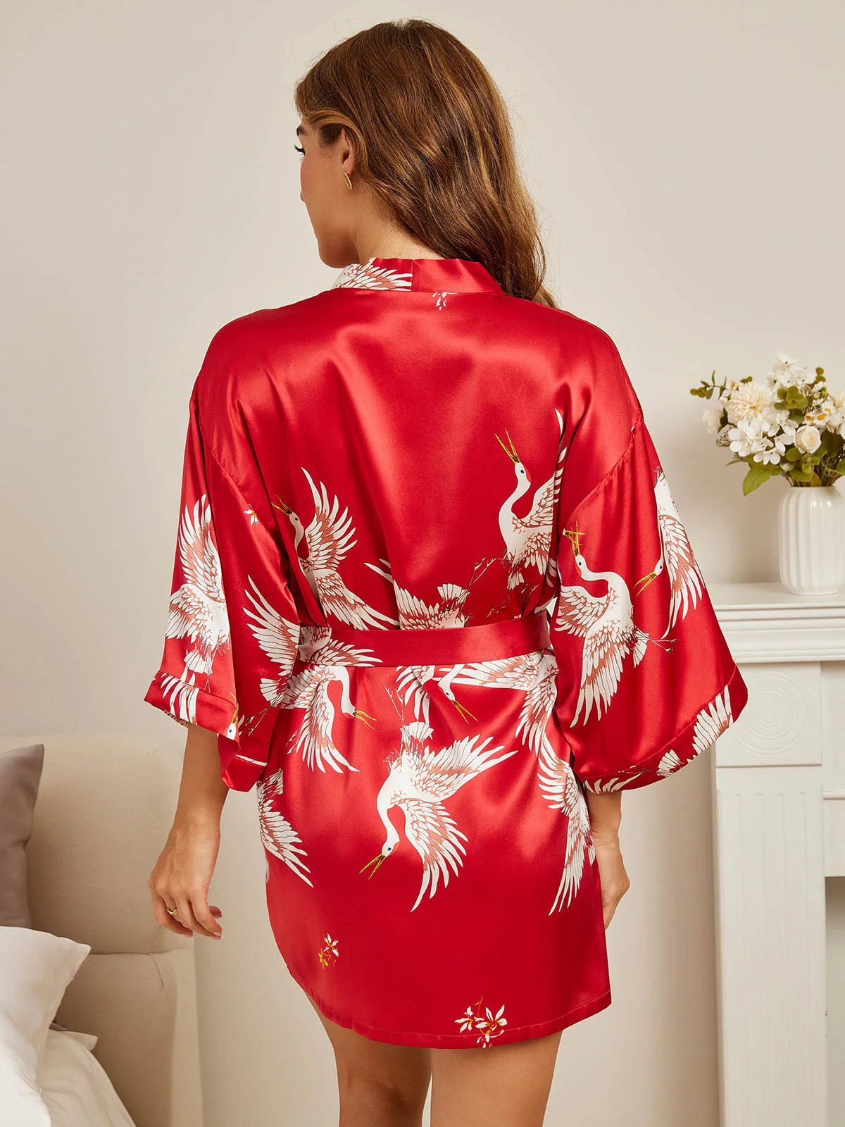 19Momme Pure Silk Crane Print 3/4 Sleeve Short Women's Kimono Robe - Image 16