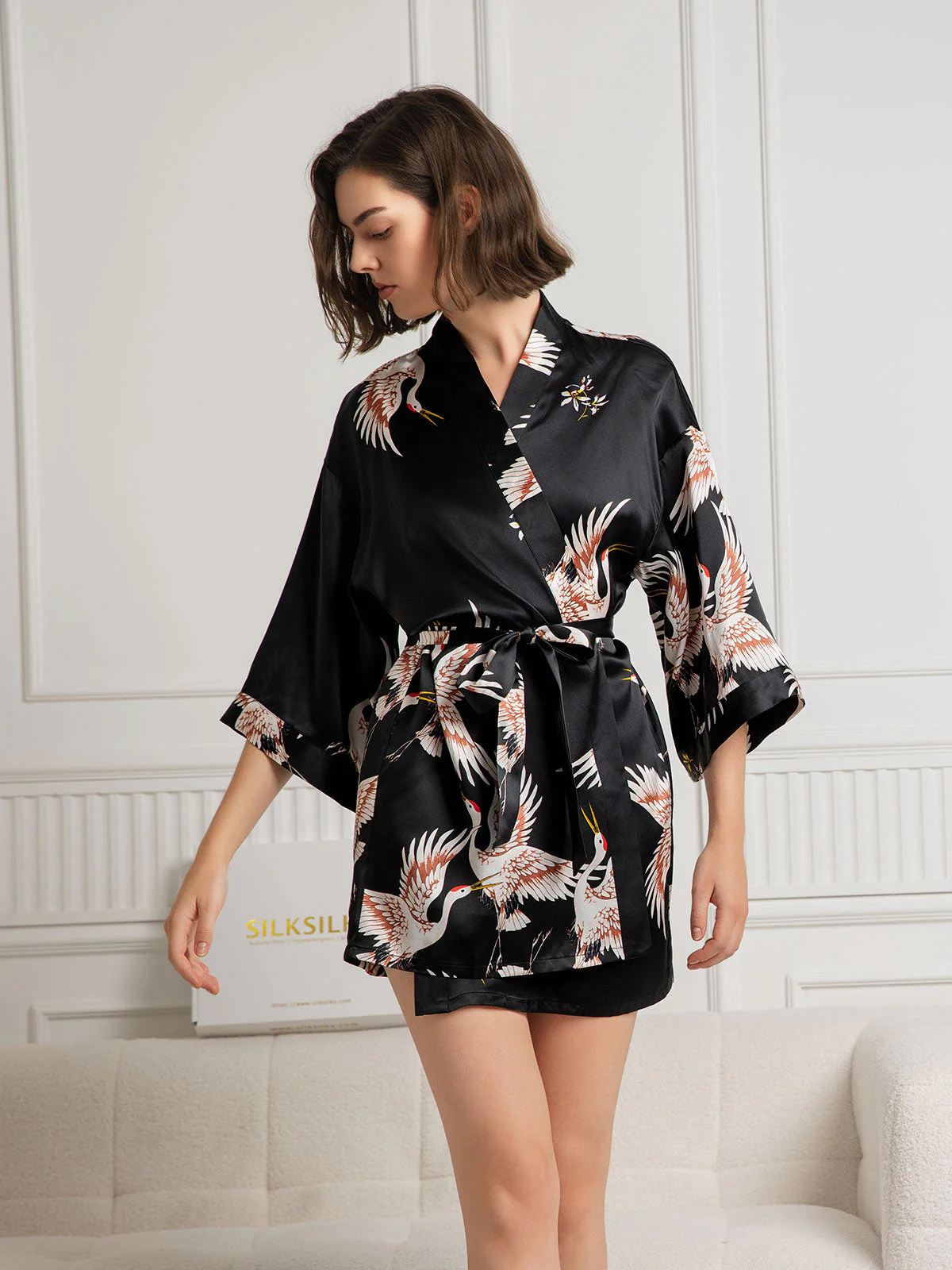 19Momme Pure Silk Crane Print 3/4 Sleeve Short Women's Kimono Robe - Image 19