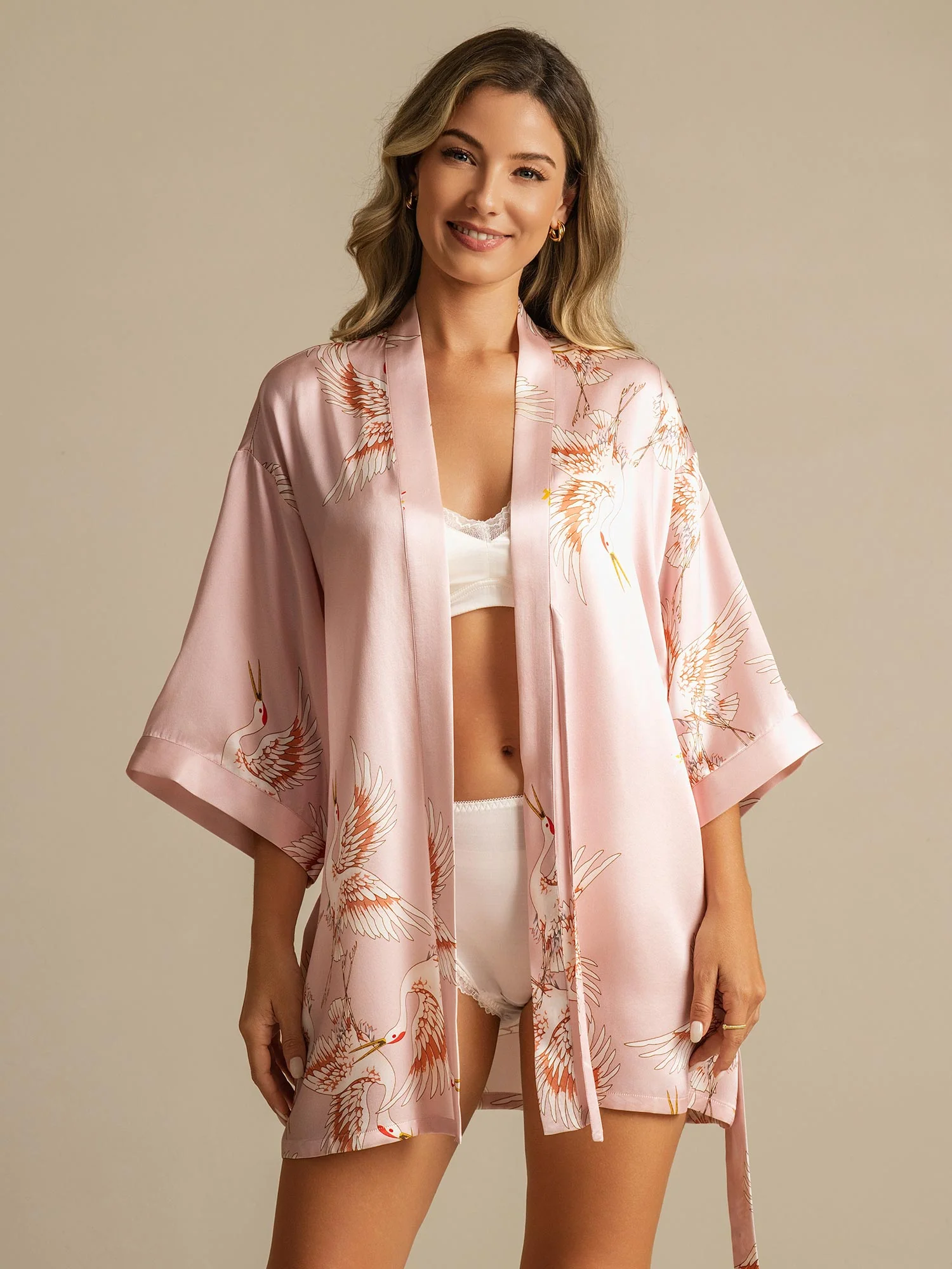 19Momme Pure Silk Crane Print 3/4 Sleeve Short Women's Kimono Robe - Image 7