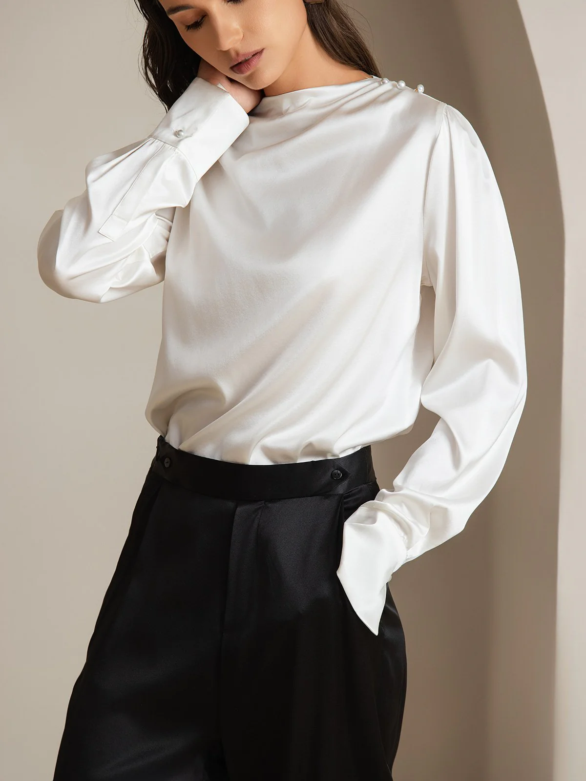 Clearance(Ships to UK Only) - 19Momme Silk Long Sleeve Boat Neck Blouse - Image 3