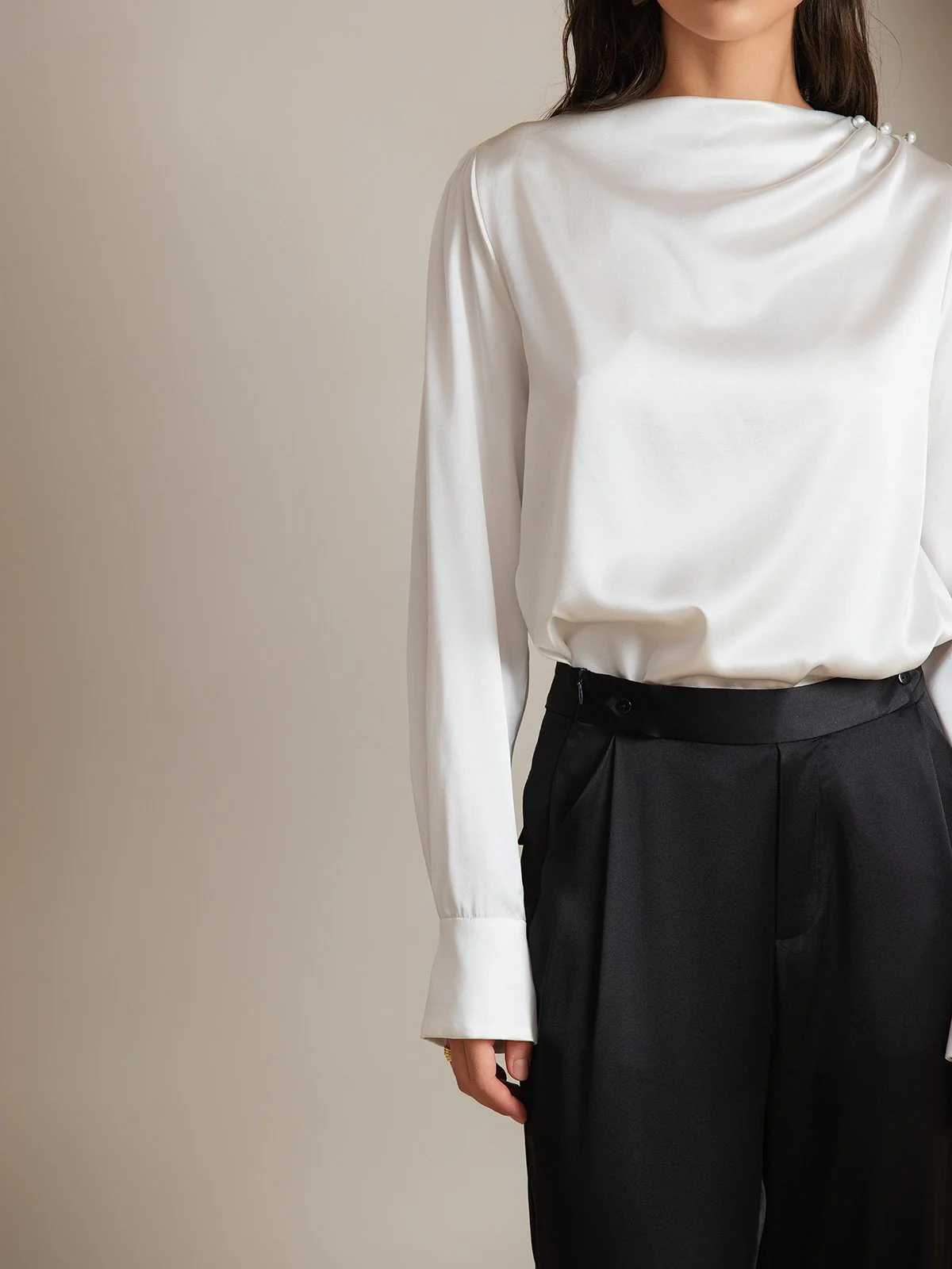 Clearance(Ships to UK Only) - 19Momme Silk Long Sleeve Boat Neck Blouse - Image 4