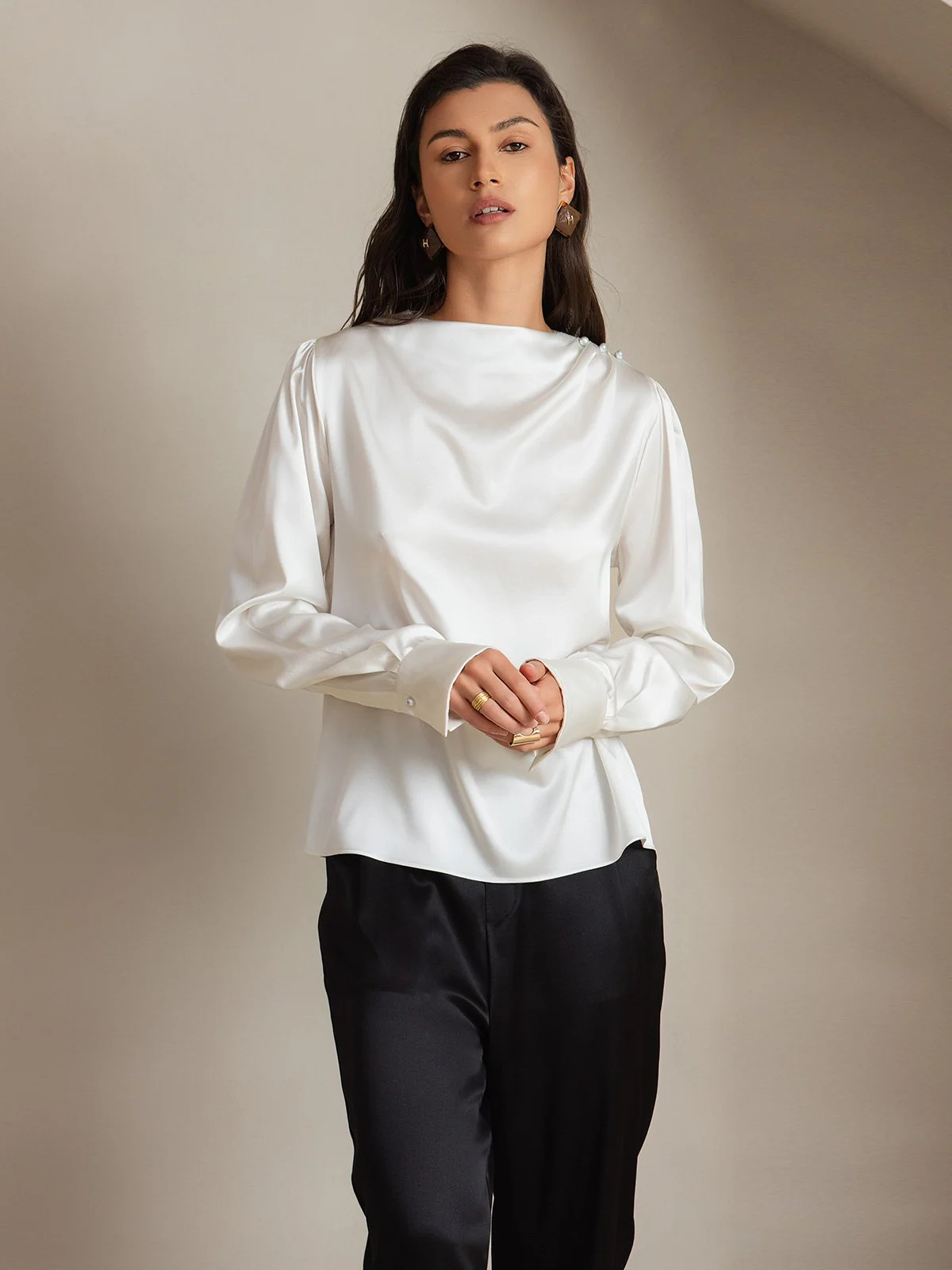 Clearance(Ships to UK Only) - 19Momme Silk Long Sleeve Boat Neck Blouse - Image 5