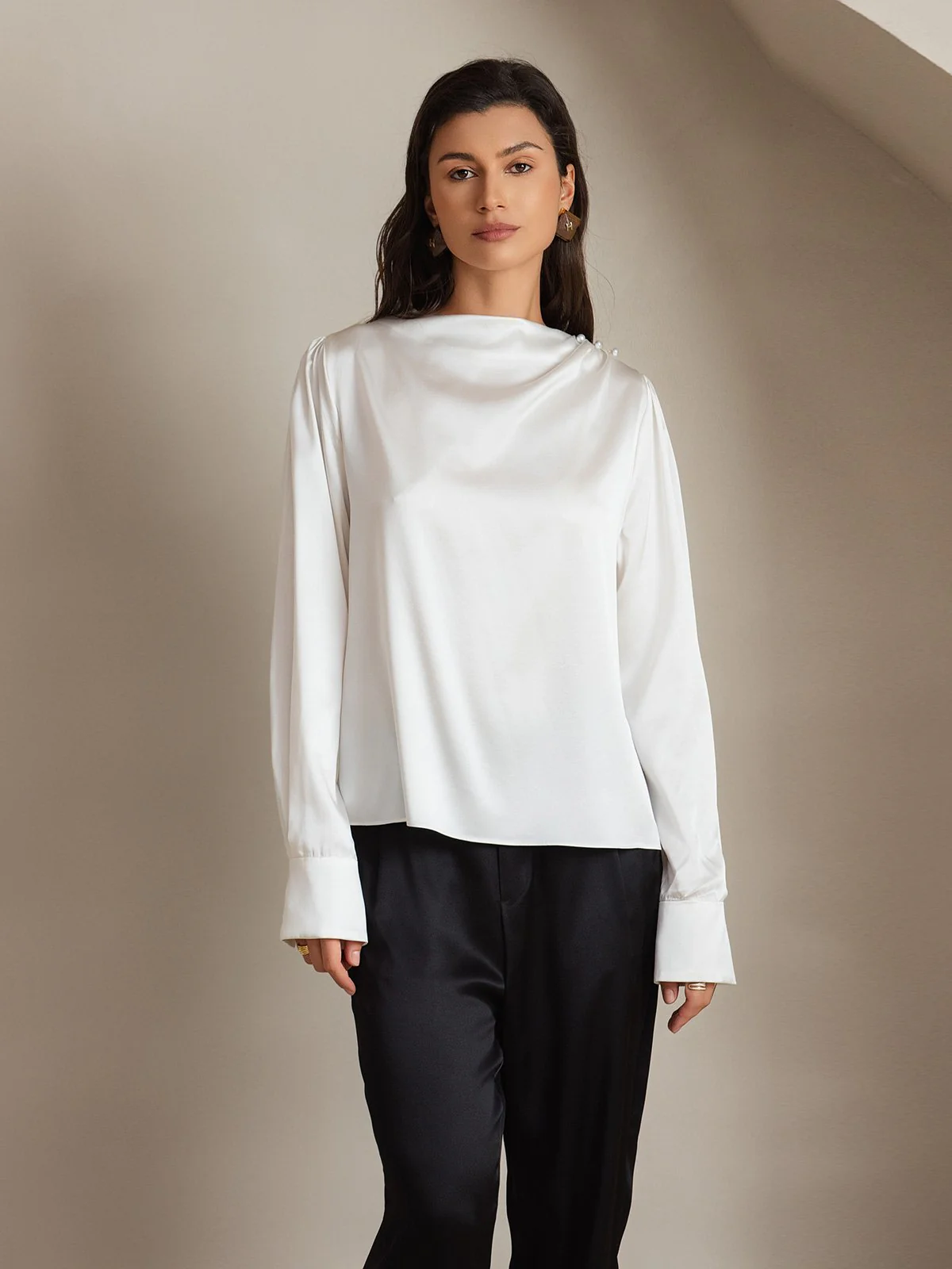 Clearance(Ships to UK Only) - 19Momme Silk Long Sleeve Boat Neck Blouse - Image 6