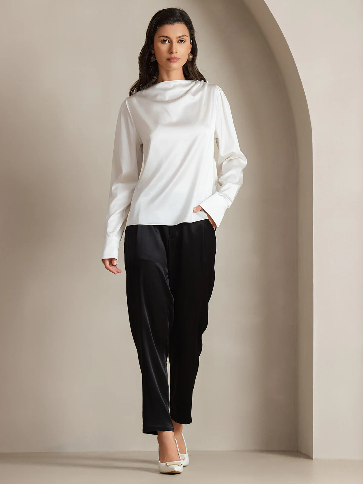 Clearance(Ships to UK Only) - 19Momme Silk Long Sleeve Boat Neck Blouse - Image 7