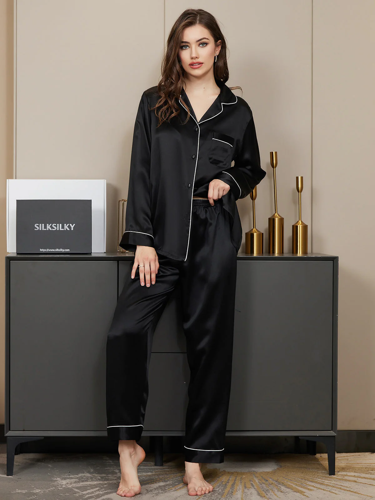 Pure Silk Long Sleeve Button Up Women's Pyjamas Set - Image 20