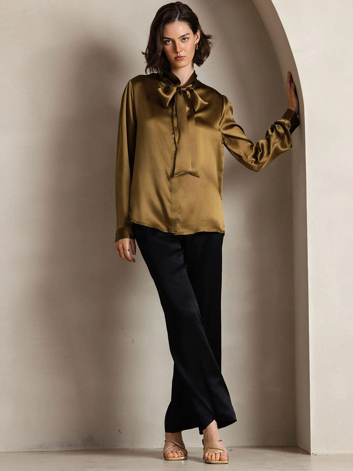 19Momme Silk Long Sleeve Tie Neck Blouse - Image 13
