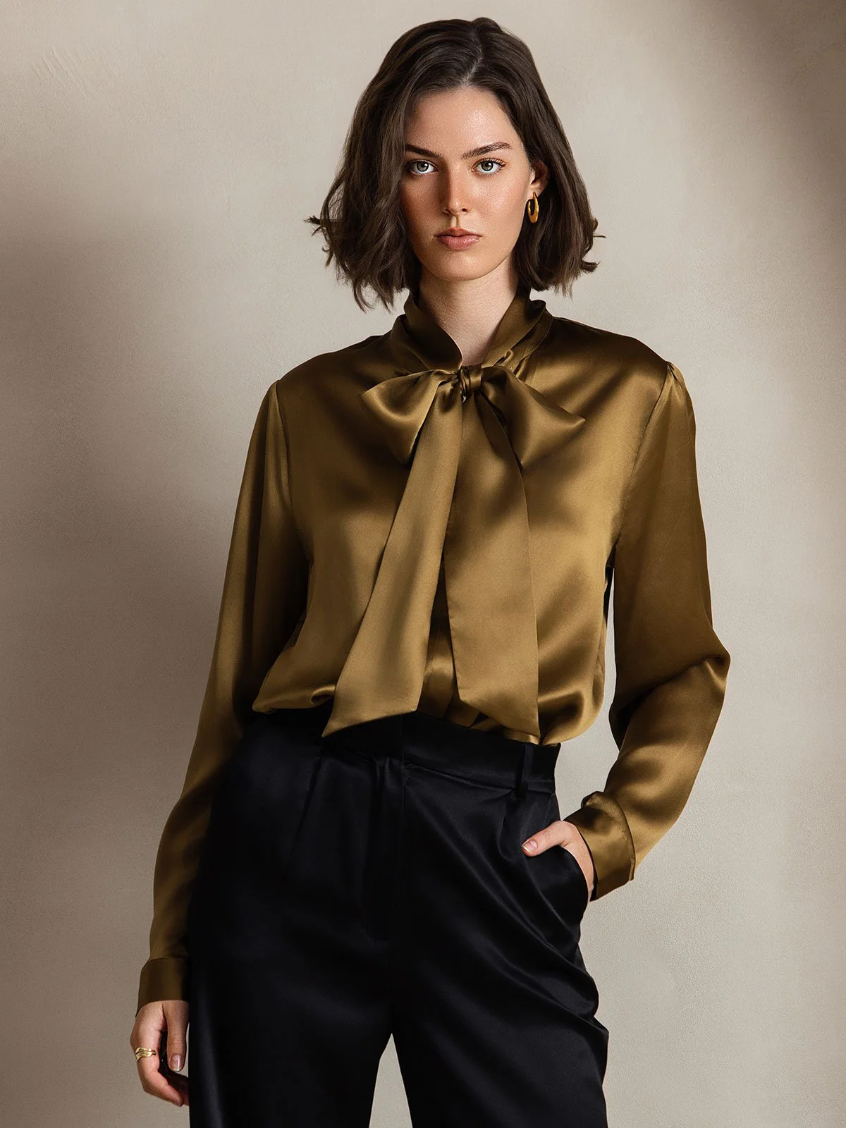 19Momme Silk Long Sleeve Tie Neck Blouse - Image 14