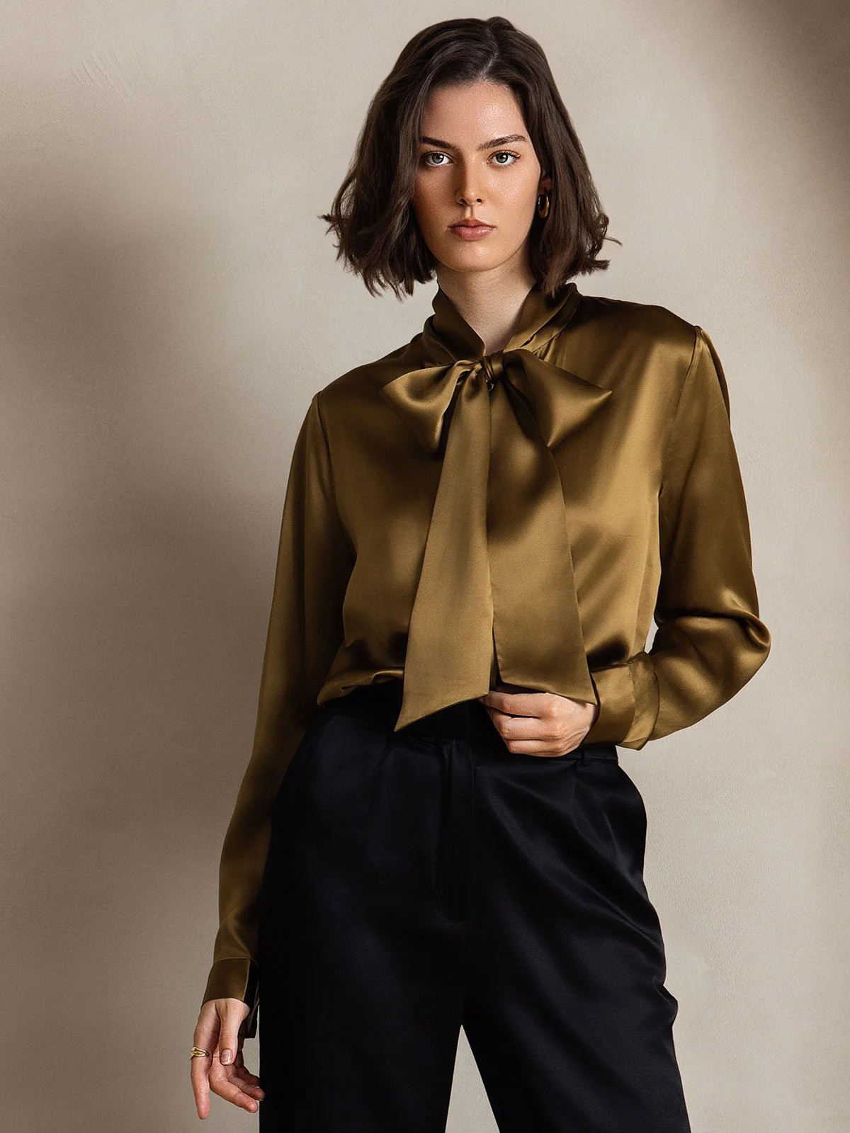19Momme Silk Long Sleeve Tie Neck Blouse - Image 15