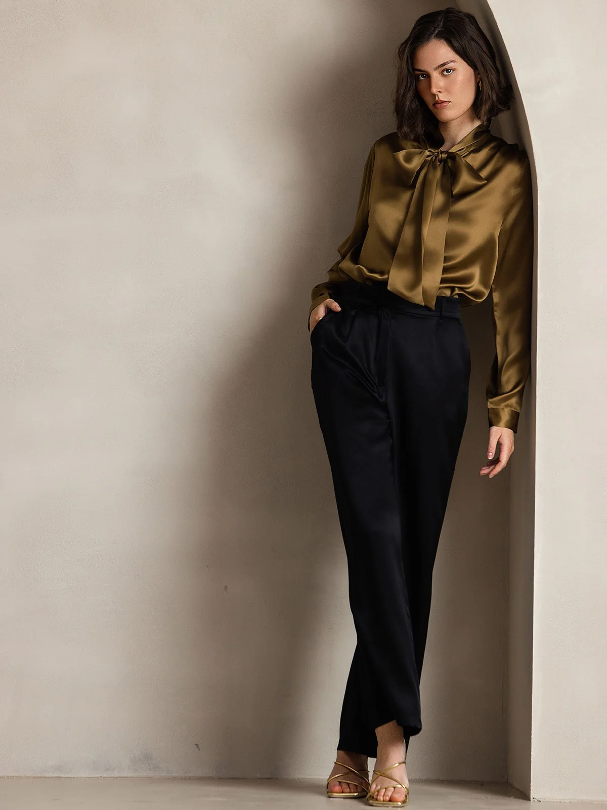 19Momme Silk Long Sleeve Tie Neck Blouse - Image 16