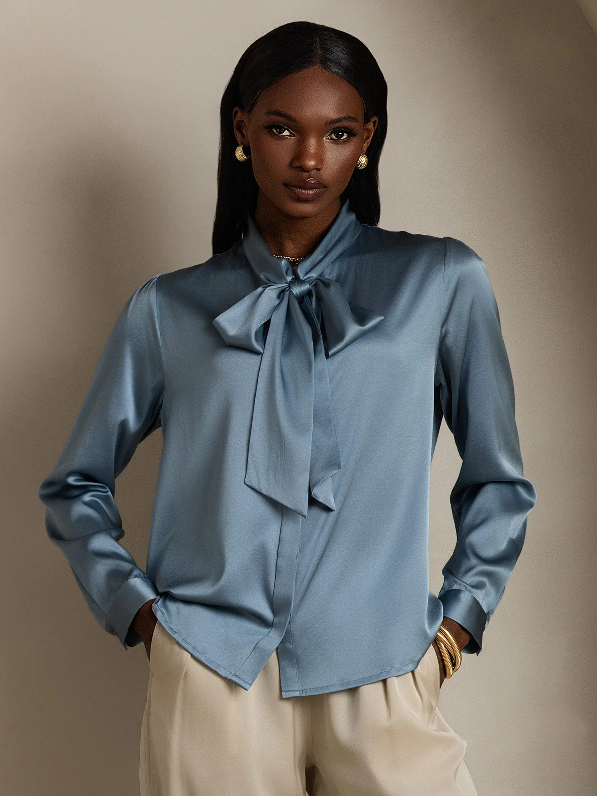 19Momme Silk Long Sleeve Tie Neck Blouse - Image 17