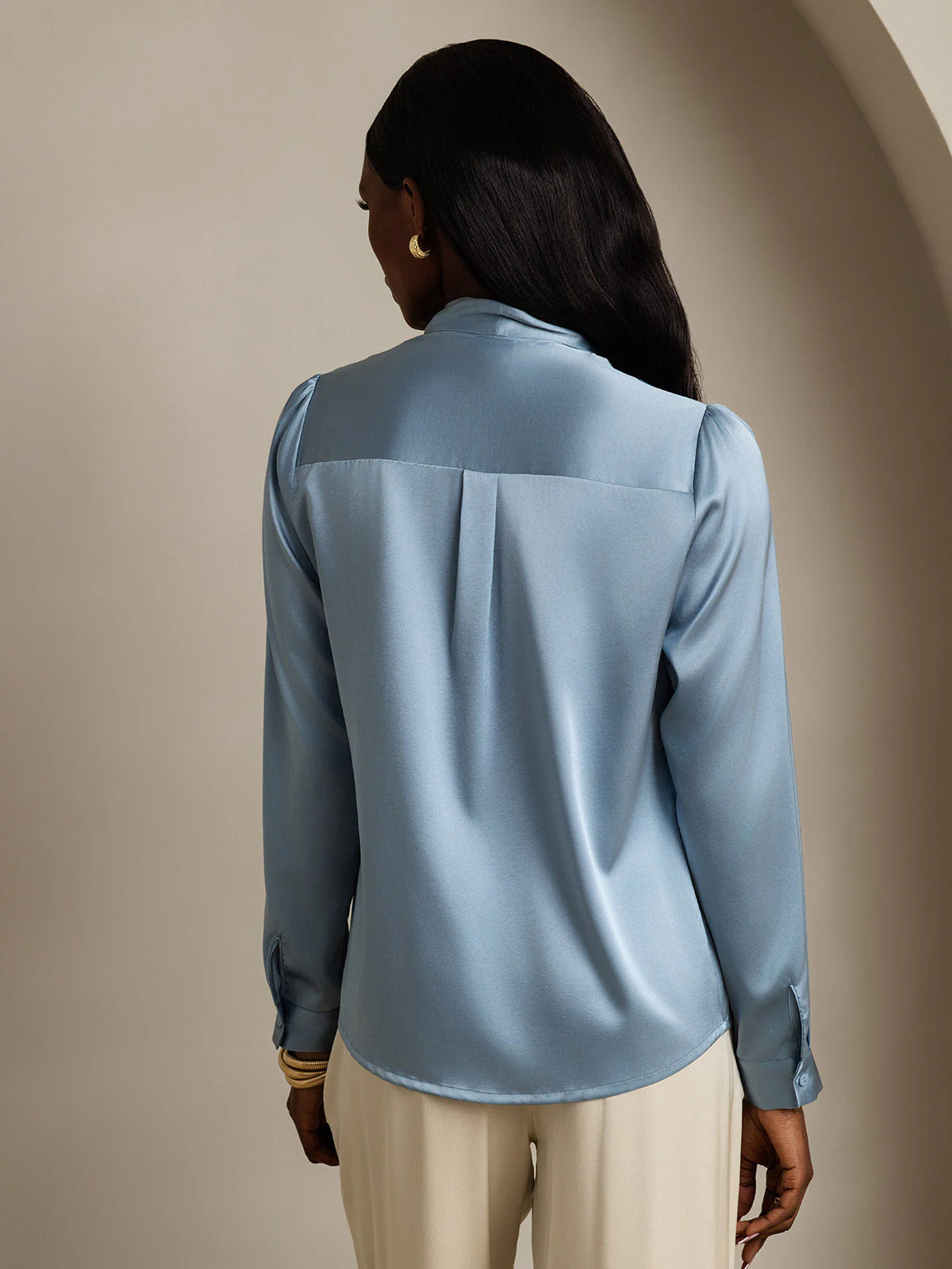 19Momme Silk Long Sleeve Tie Neck Blouse - Image 18