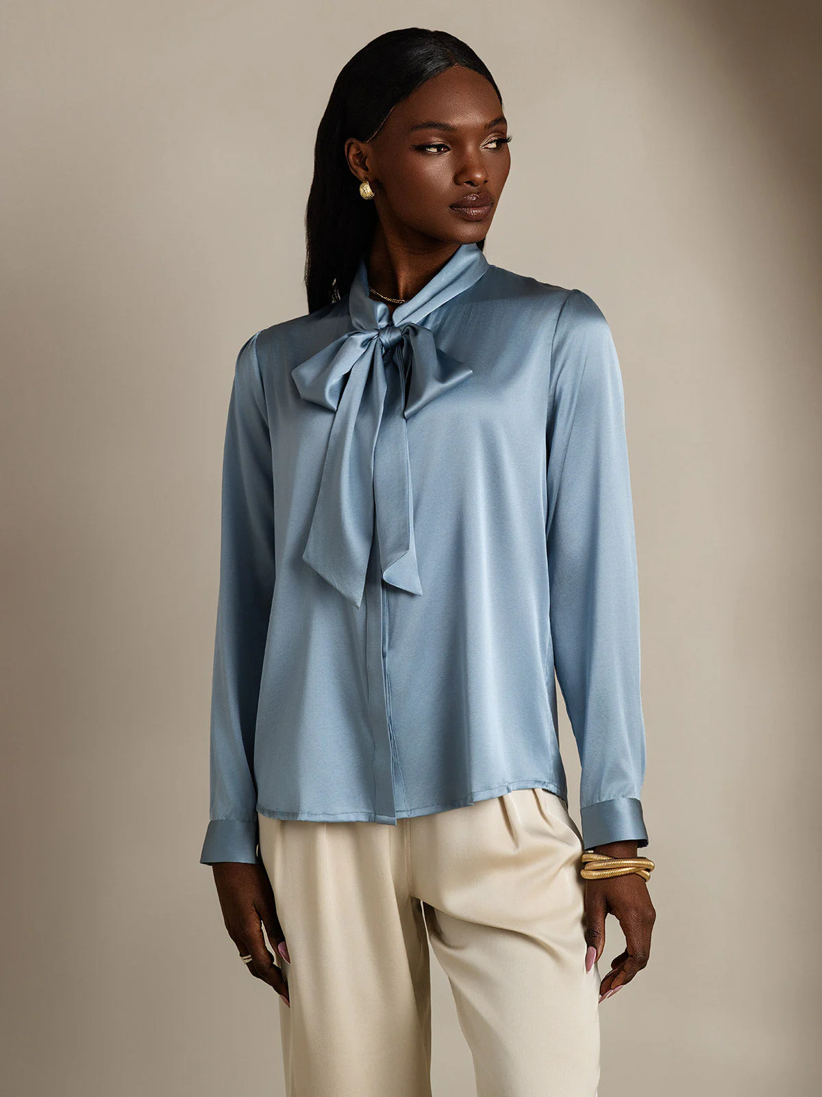 19Momme Silk Long Sleeve Tie Neck Blouse - Image 20
