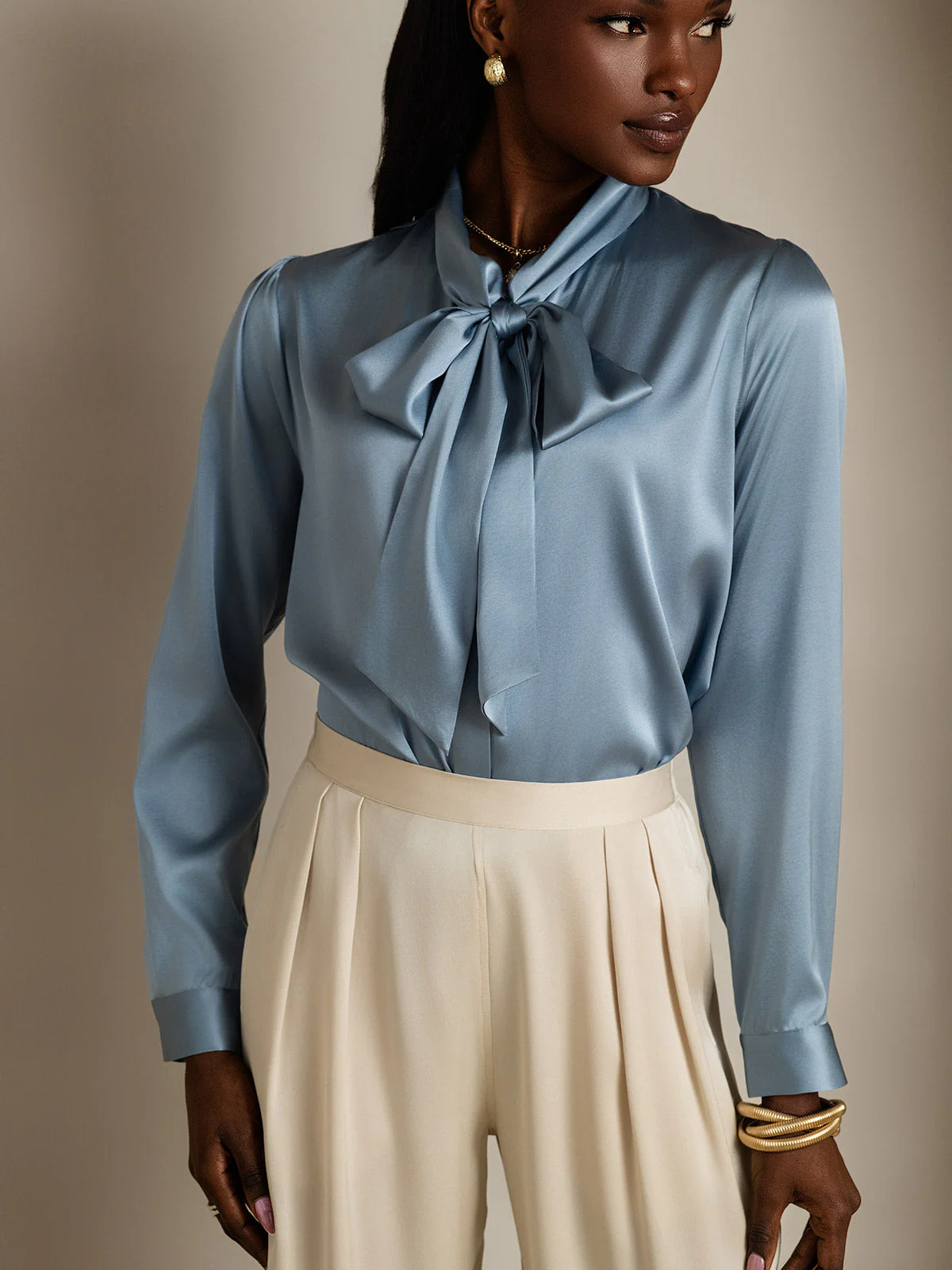 19Momme Silk Long Sleeve Tie Neck Blouse - Image 22