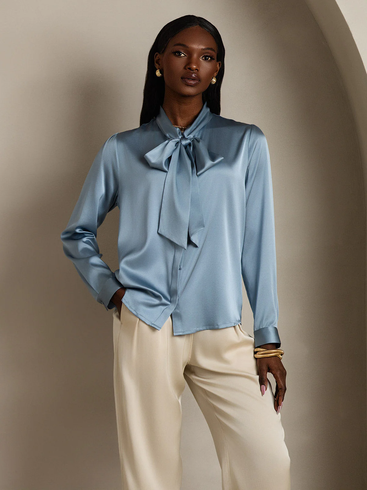19Momme Silk Long Sleeve Tie Neck Blouse - Image 23