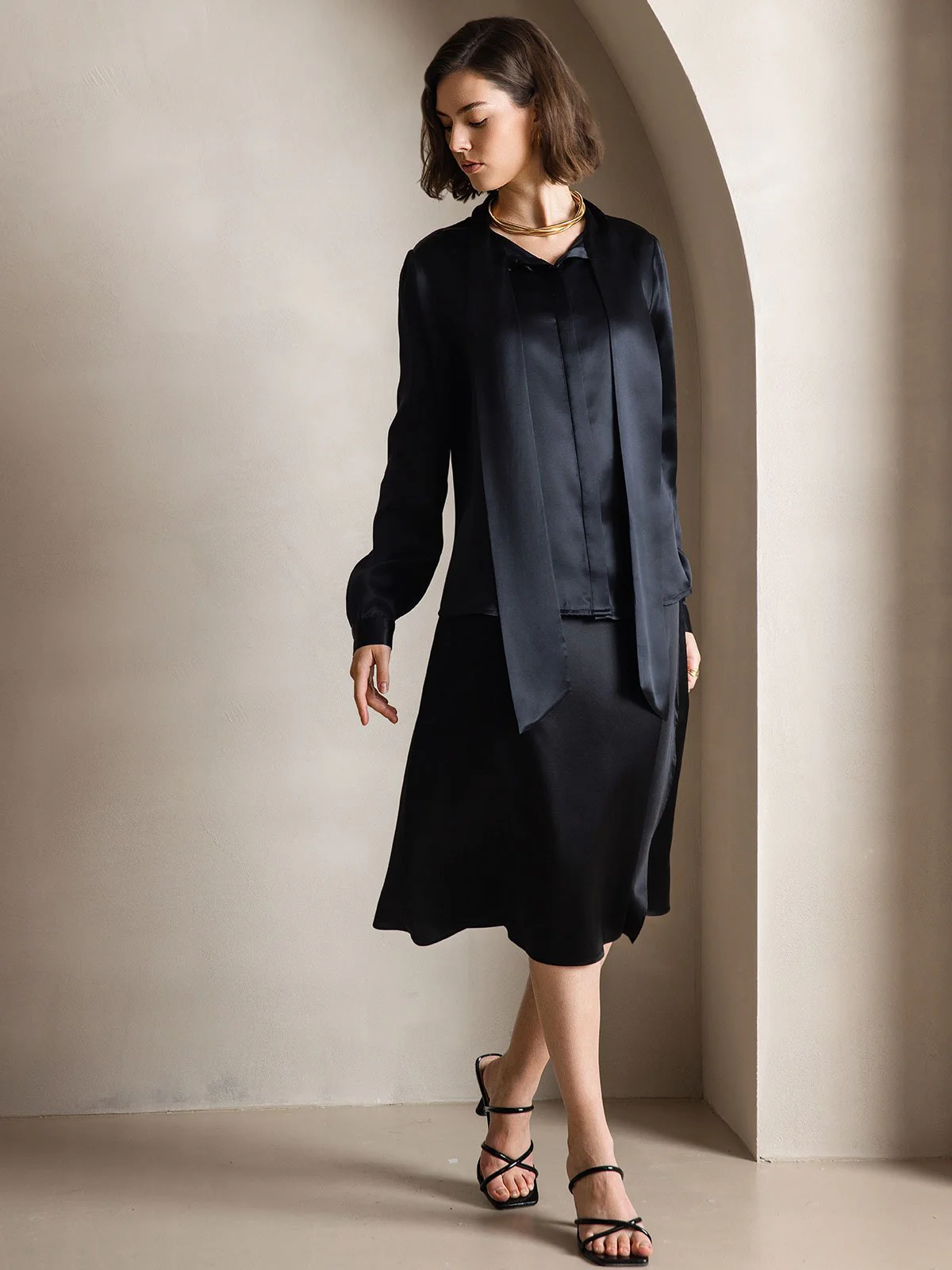19Momme Silk Long Sleeve Tie Neck Blouse - Image 25