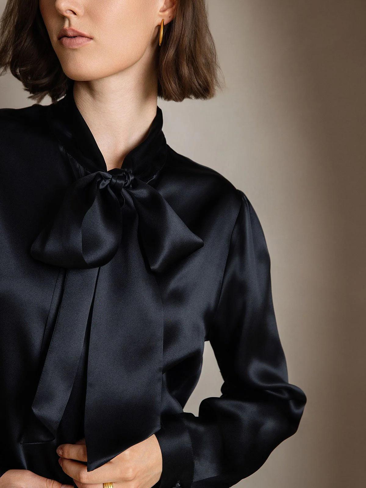 19Momme Silk Long Sleeve Tie Neck Blouse - Image 26