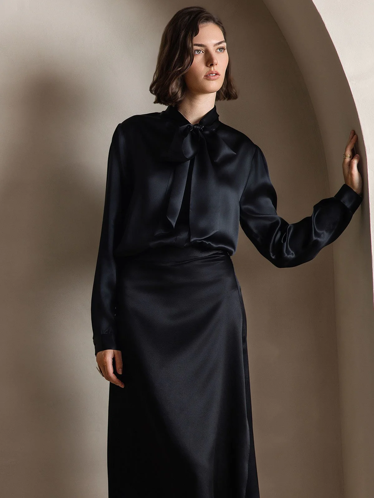 19Momme Silk Long Sleeve Tie Neck Blouse - Image 28