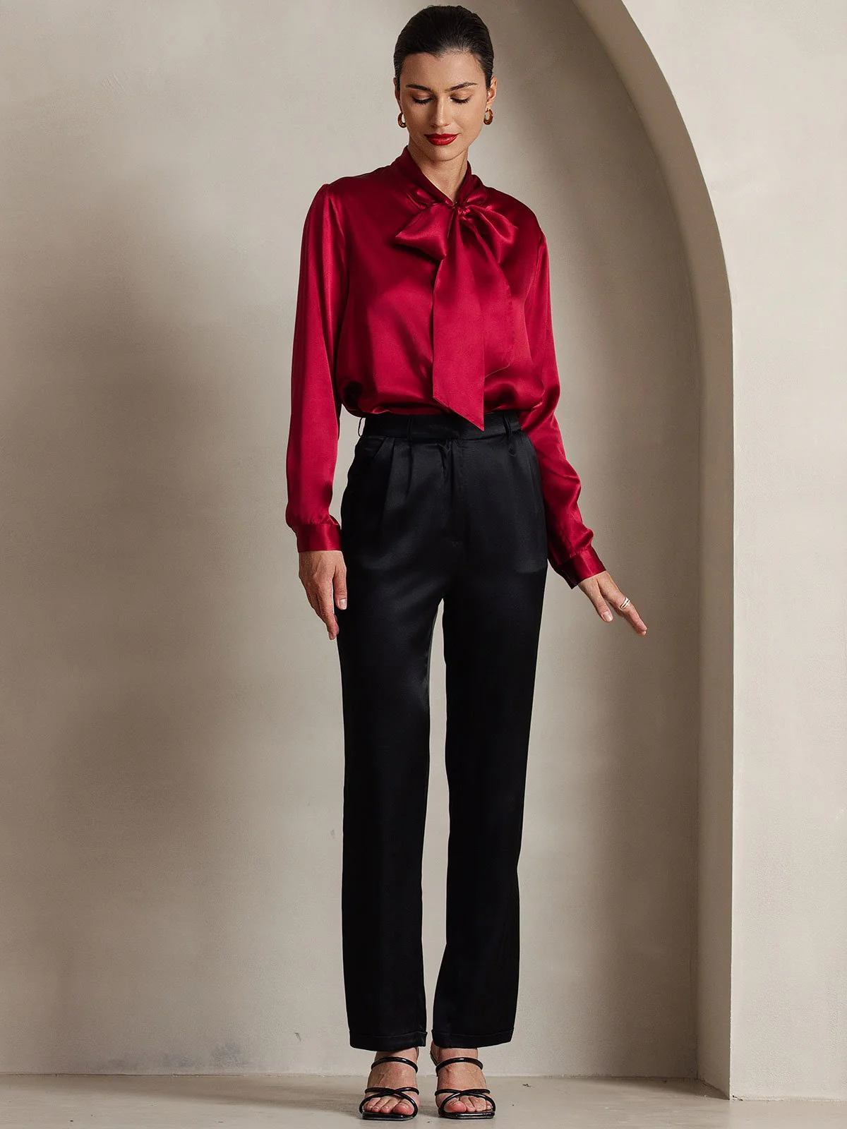 19Momme Silk Long Sleeve Tie Neck Blouse - Image 35