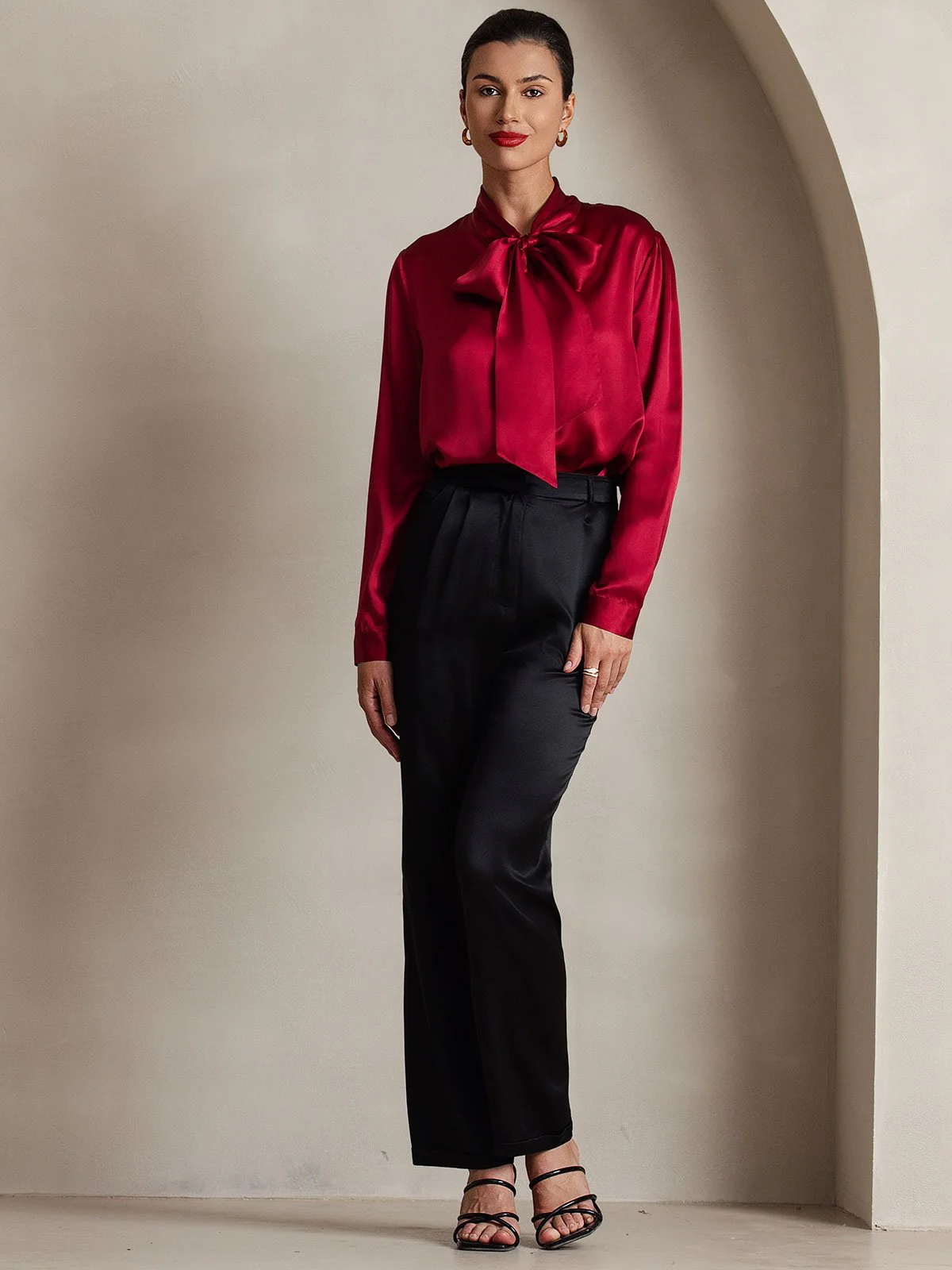 19Momme Silk Long Sleeve Tie Neck Blouse - Image 36