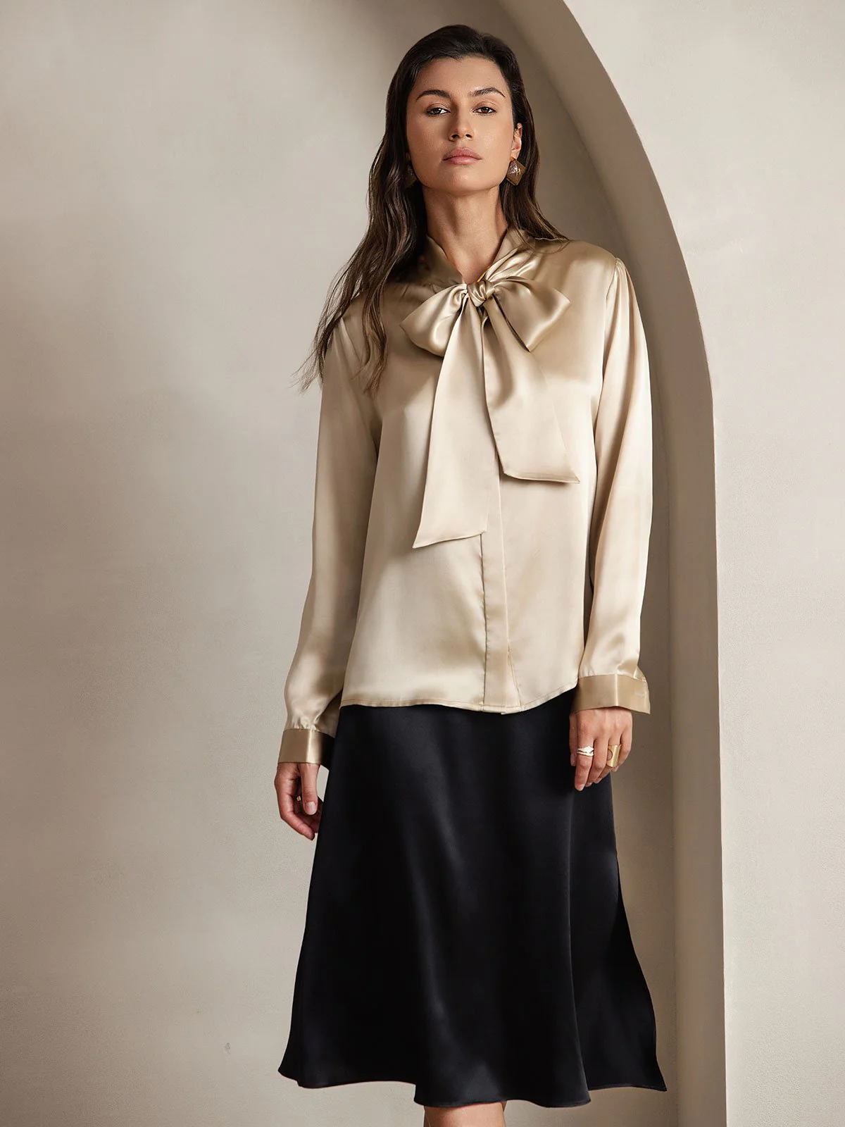 19Momme Silk Long Sleeve Tie Neck Blouse - Image 37