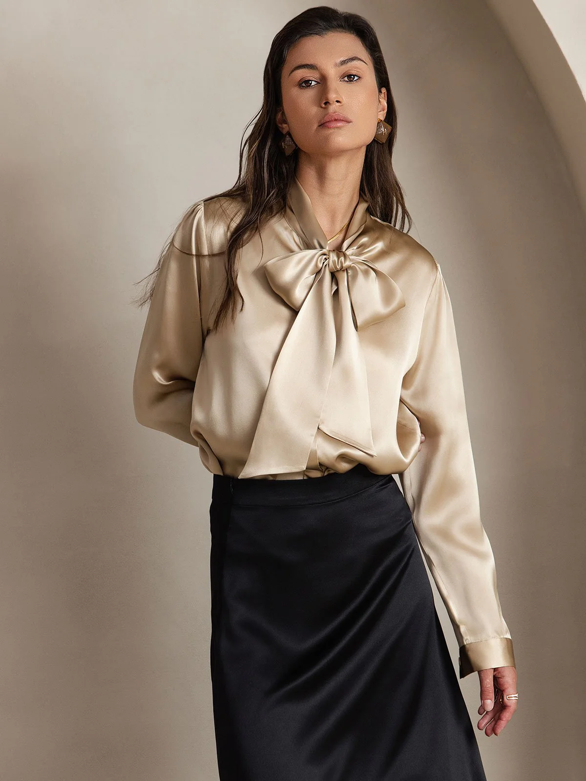19Momme Silk Long Sleeve Tie Neck Blouse - Image 39