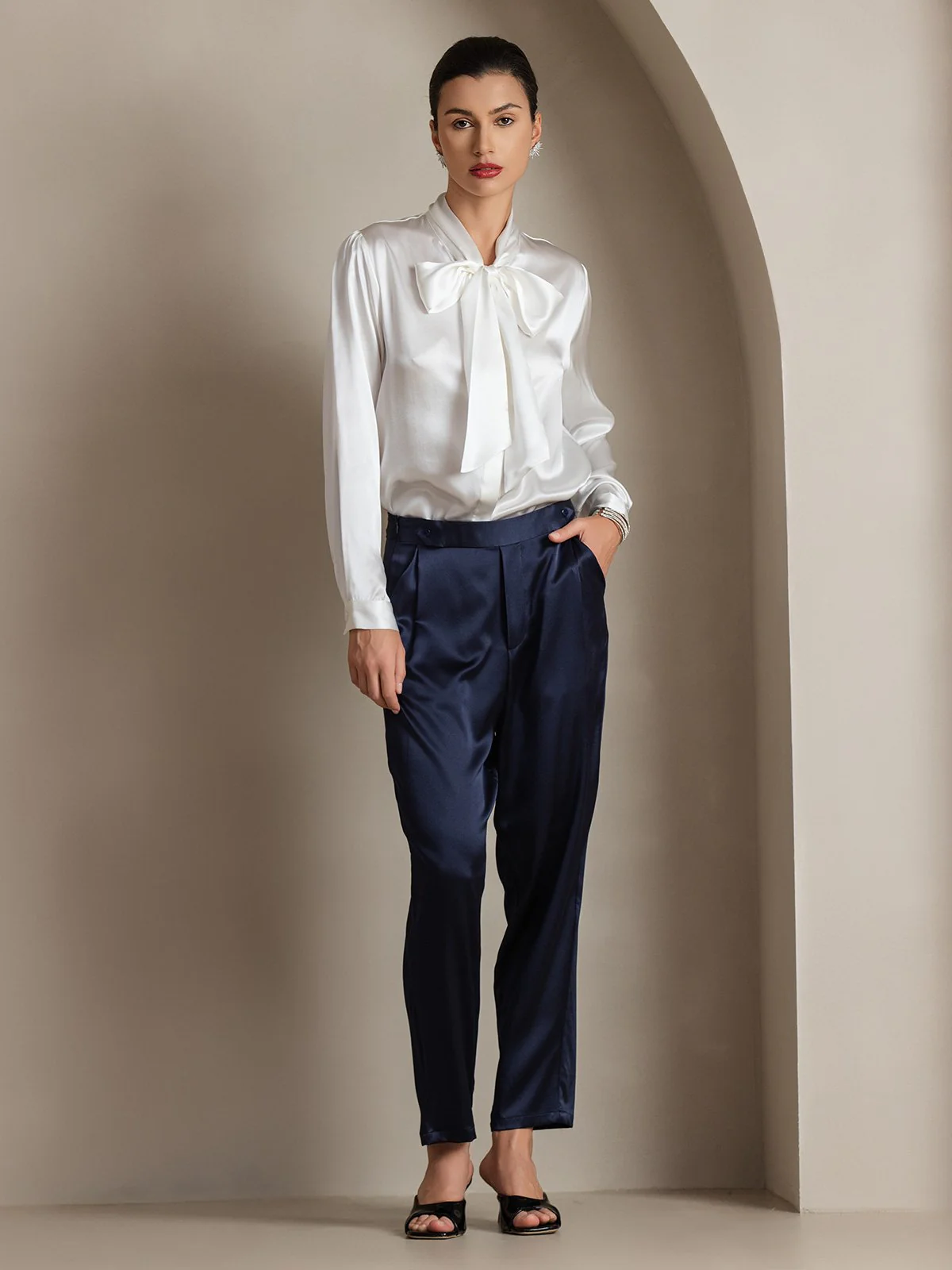 19Momme Silk Long Sleeve Tie Neck Blouse - Image 4