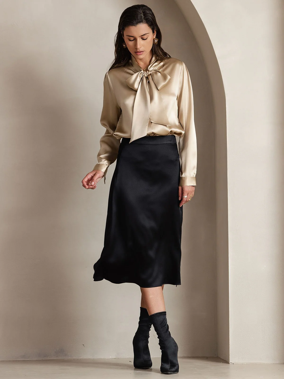 19Momme Silk Long Sleeve Tie Neck Blouse - Image 40