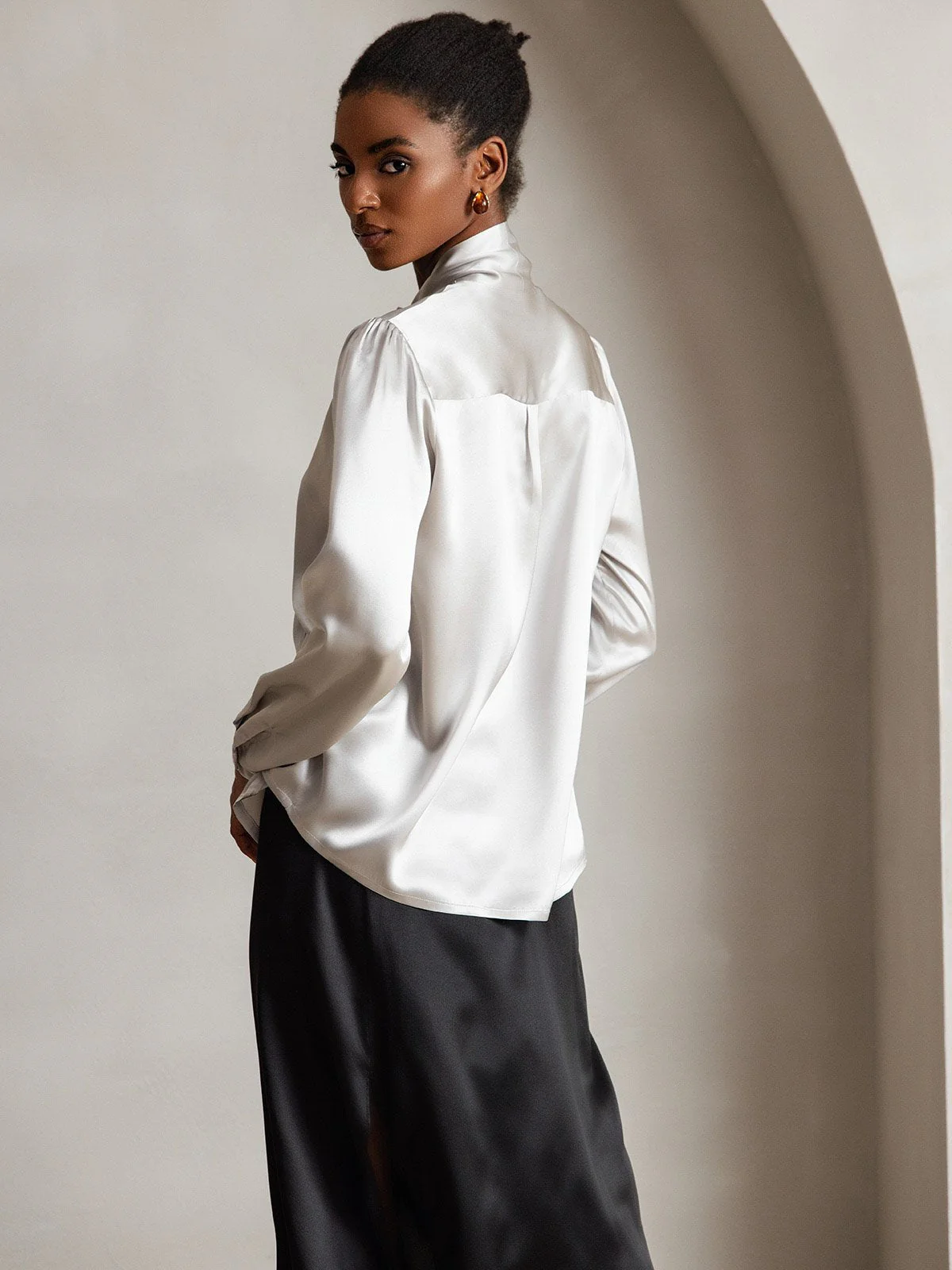 19Momme Silk Long Sleeve Tie Neck Blouse - Image 44