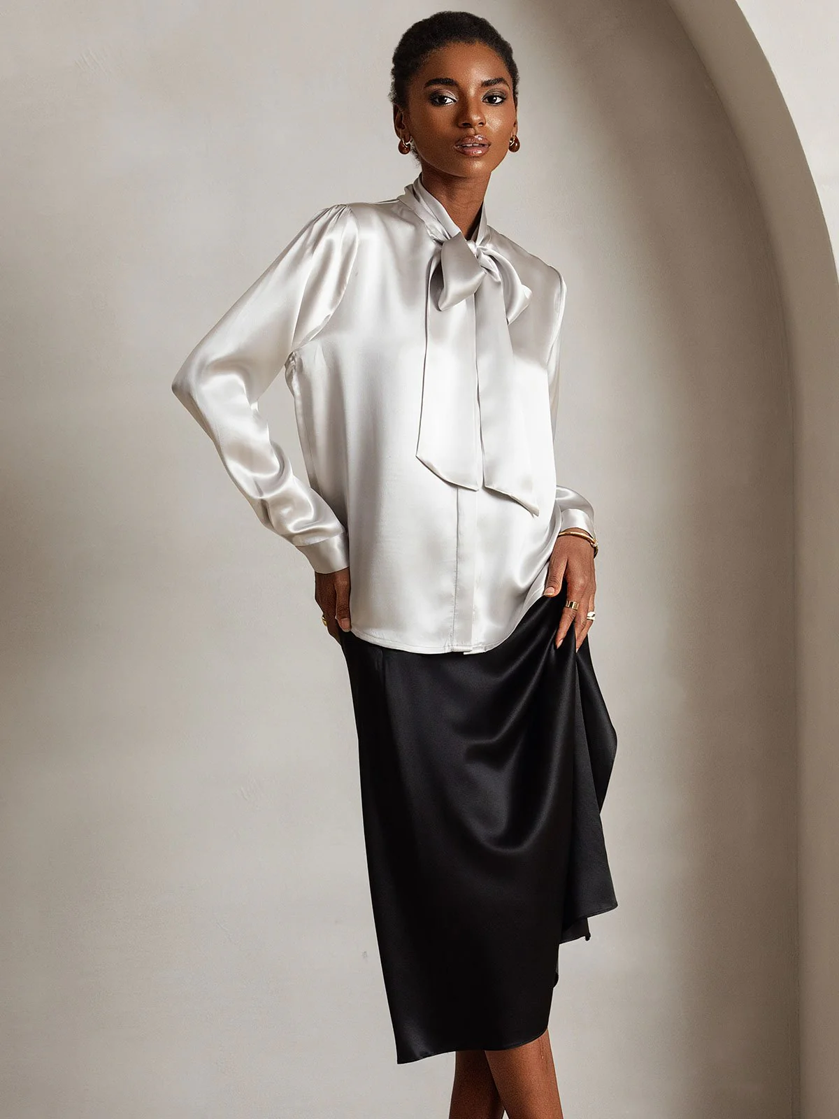 19Momme Silk Long Sleeve Tie Neck Blouse - Image 46