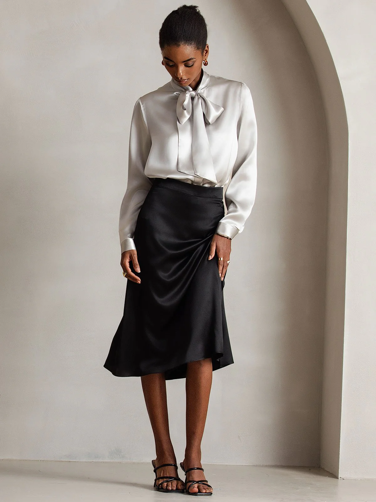 19Momme Silk Long Sleeve Tie Neck Blouse - Image 49