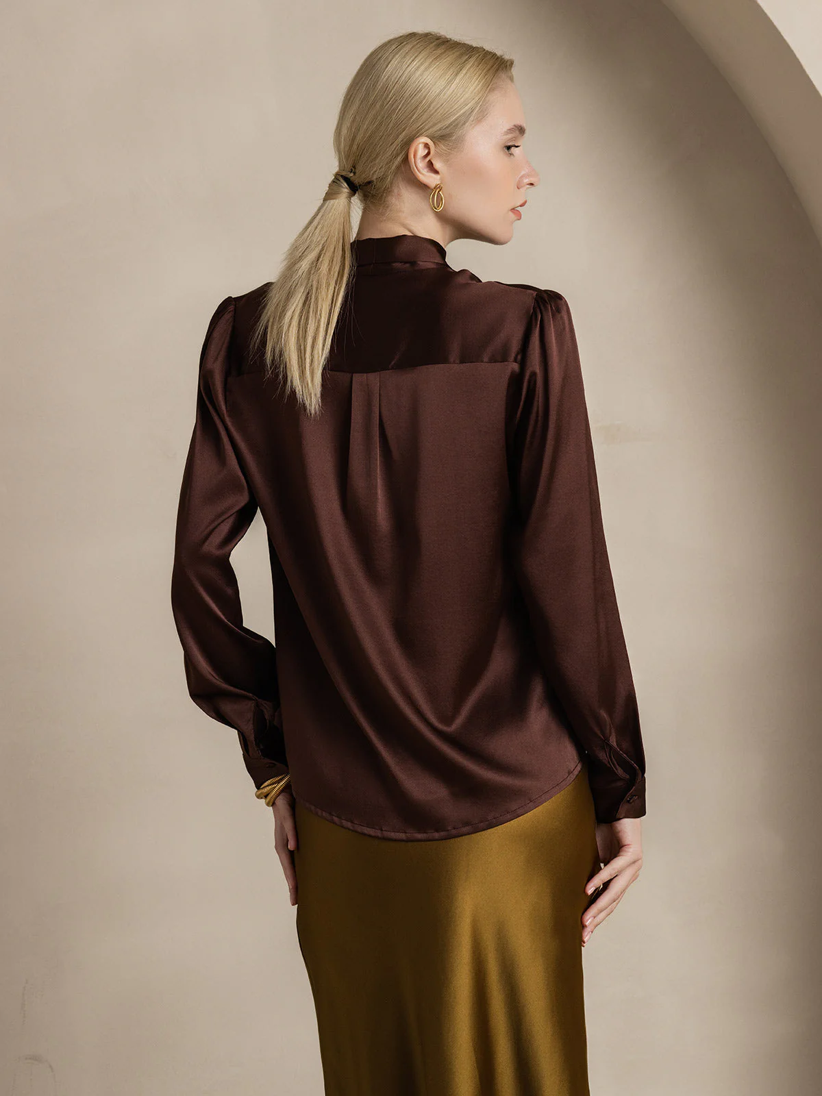 19Momme Silk Long Sleeve Tie Neck Blouse - Image 51