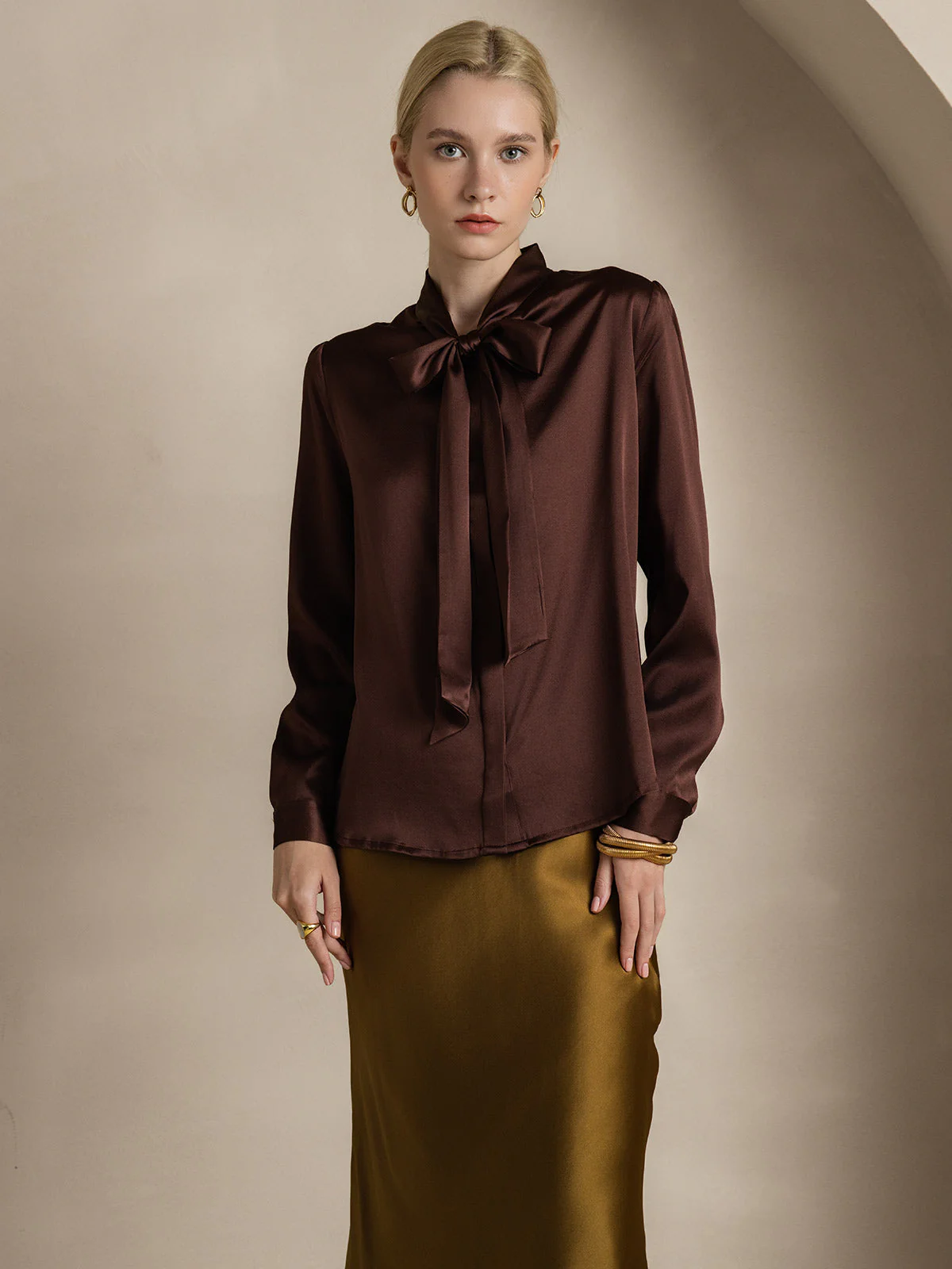 19Momme Silk Long Sleeve Tie Neck Blouse - Image 53