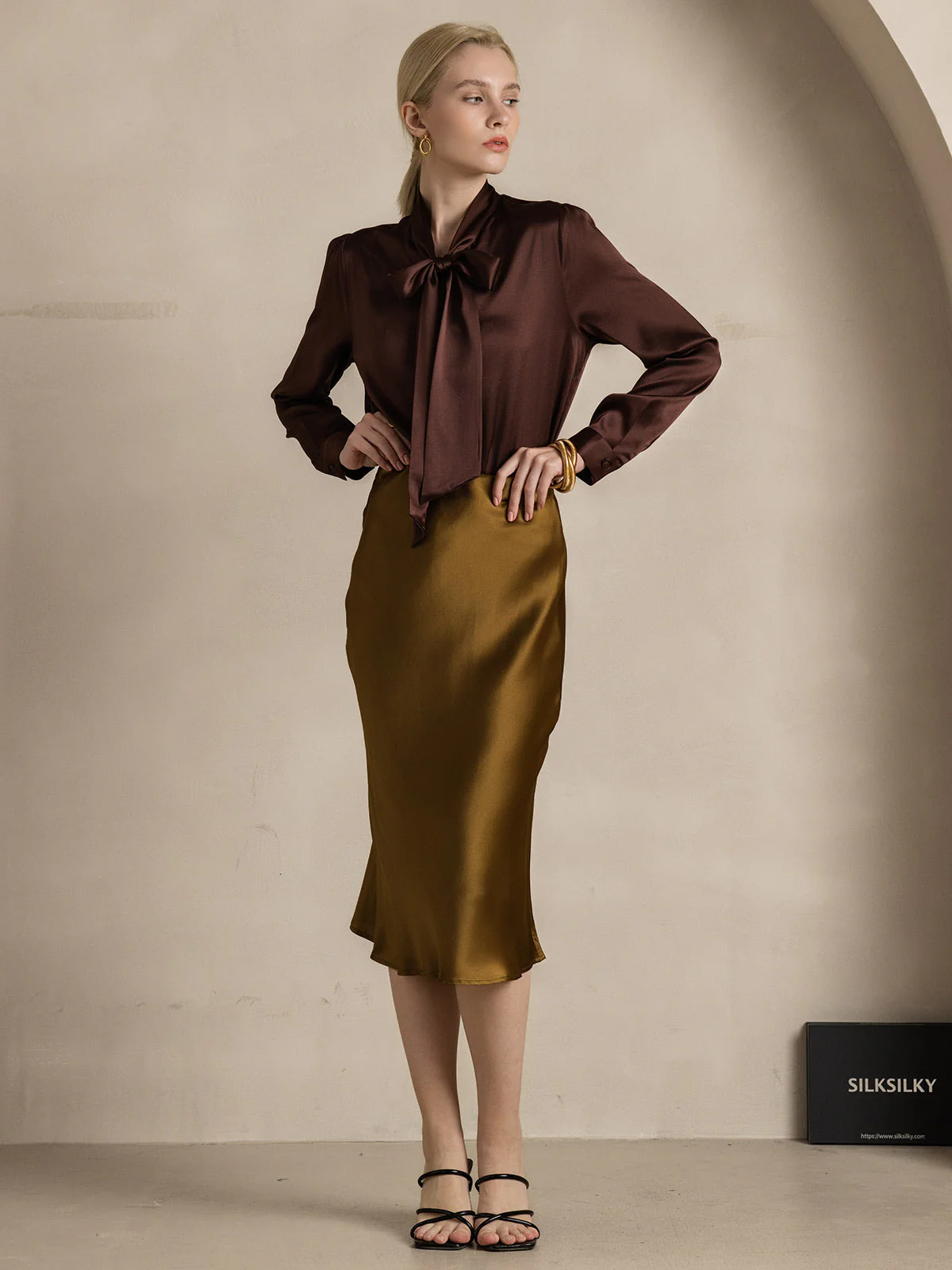 19Momme Silk Long Sleeve Tie Neck Blouse - Image 56