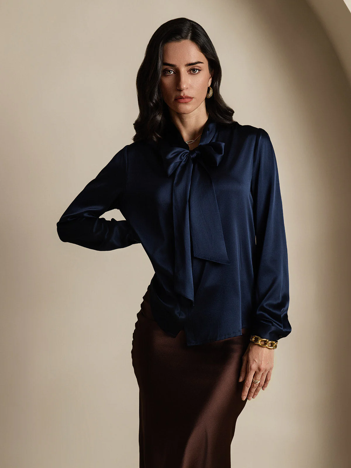 19Momme Silk Long Sleeve Tie Neck Blouse - Image 60