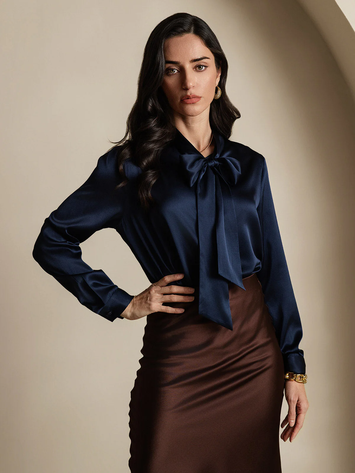 19Momme Silk Long Sleeve Tie Neck Blouse - Image 61