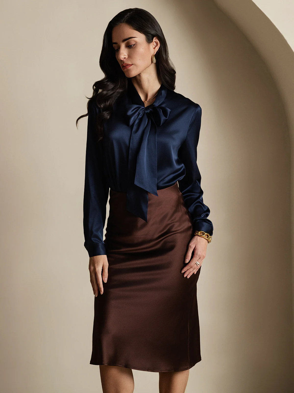 19Momme Silk Long Sleeve Tie Neck Blouse - Image 62