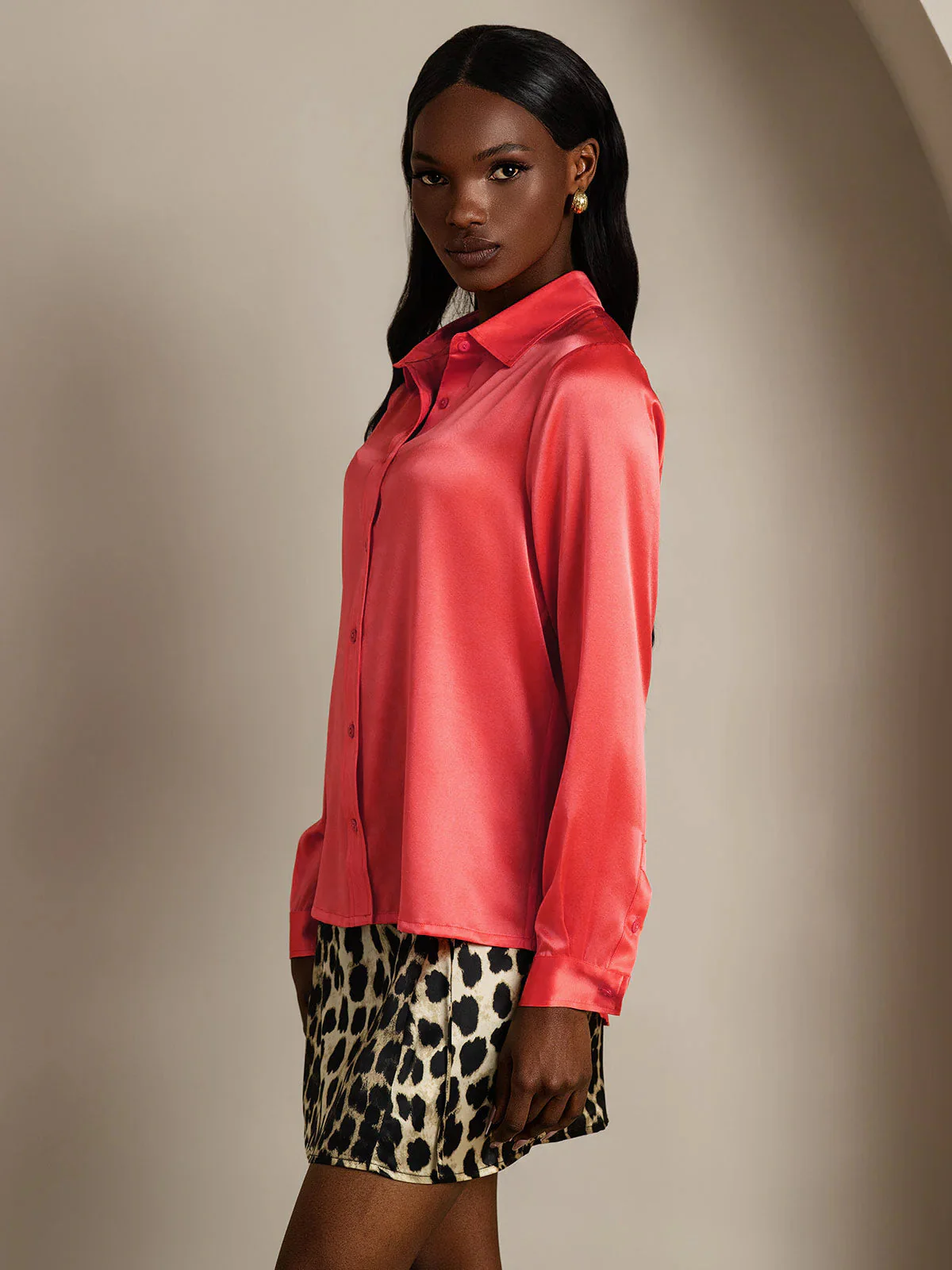 19Momme Silk Long Sleeve Lapel Collar Women's Shirt - Image 13