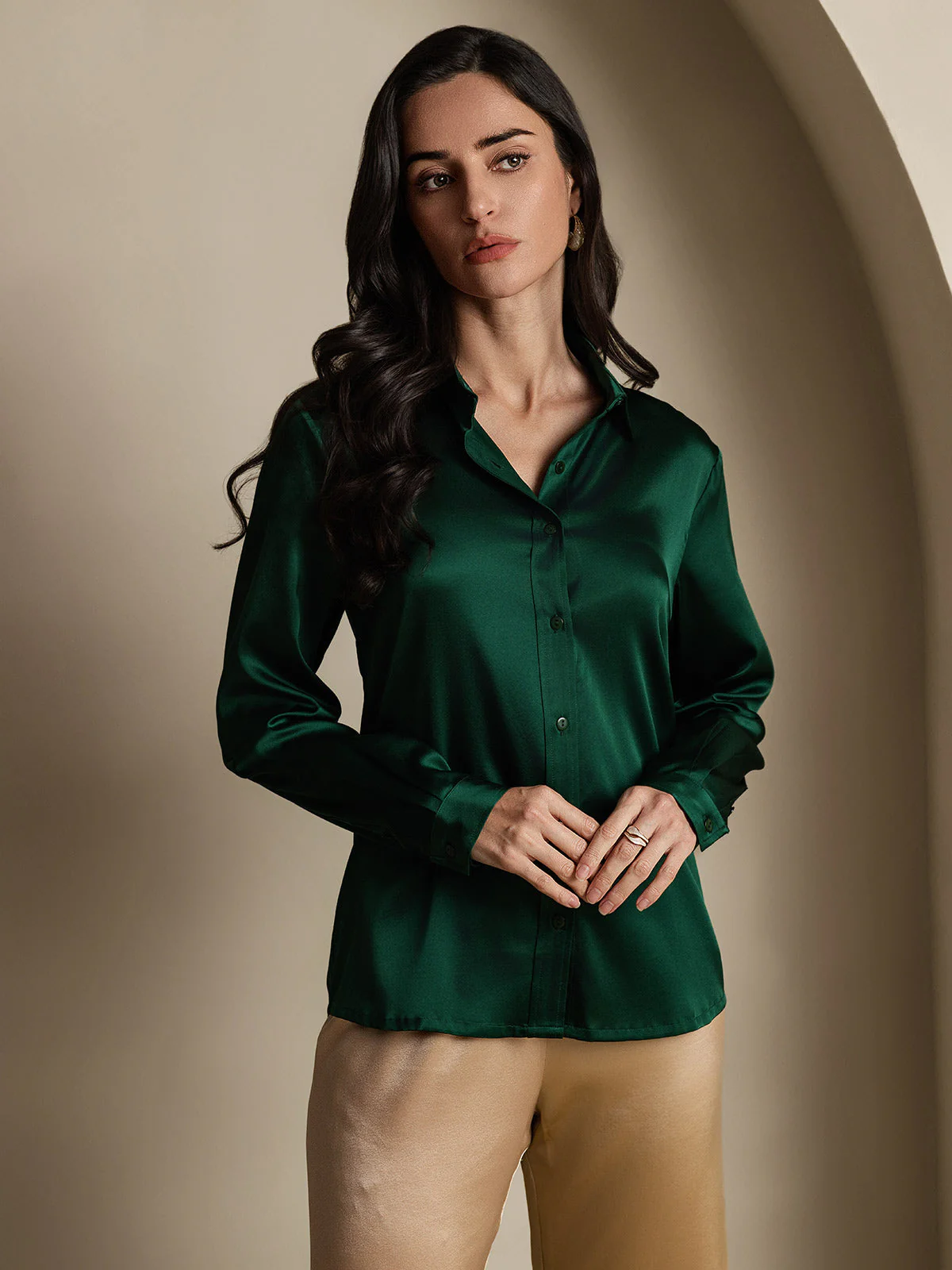 19Momme Silk Long Sleeve Lapel Collar Women's Shirt - Image 21