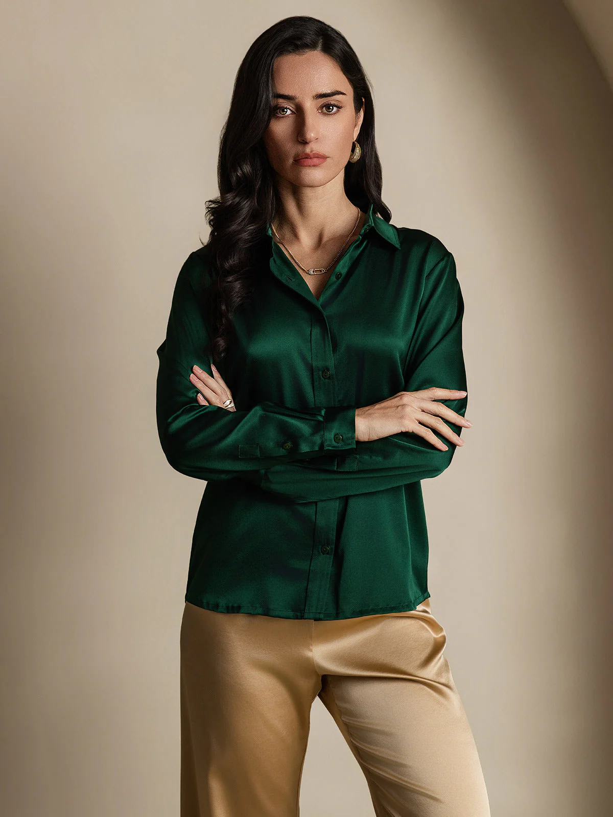19Momme Silk Long Sleeve Lapel Collar Women's Shirt - Image 23