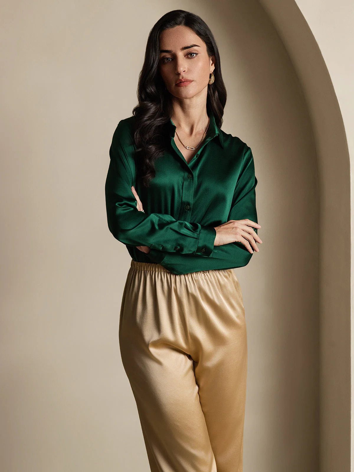 19Momme Silk Long Sleeve Lapel Collar Women's Shirt - Image 25