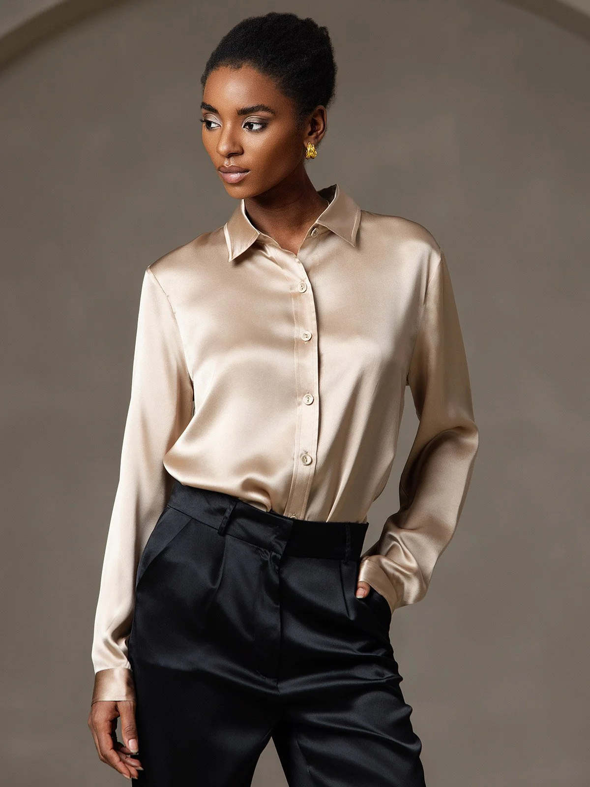 19Momme Silk Long Sleeve Lapel Collar Women's Shirt - Image 3