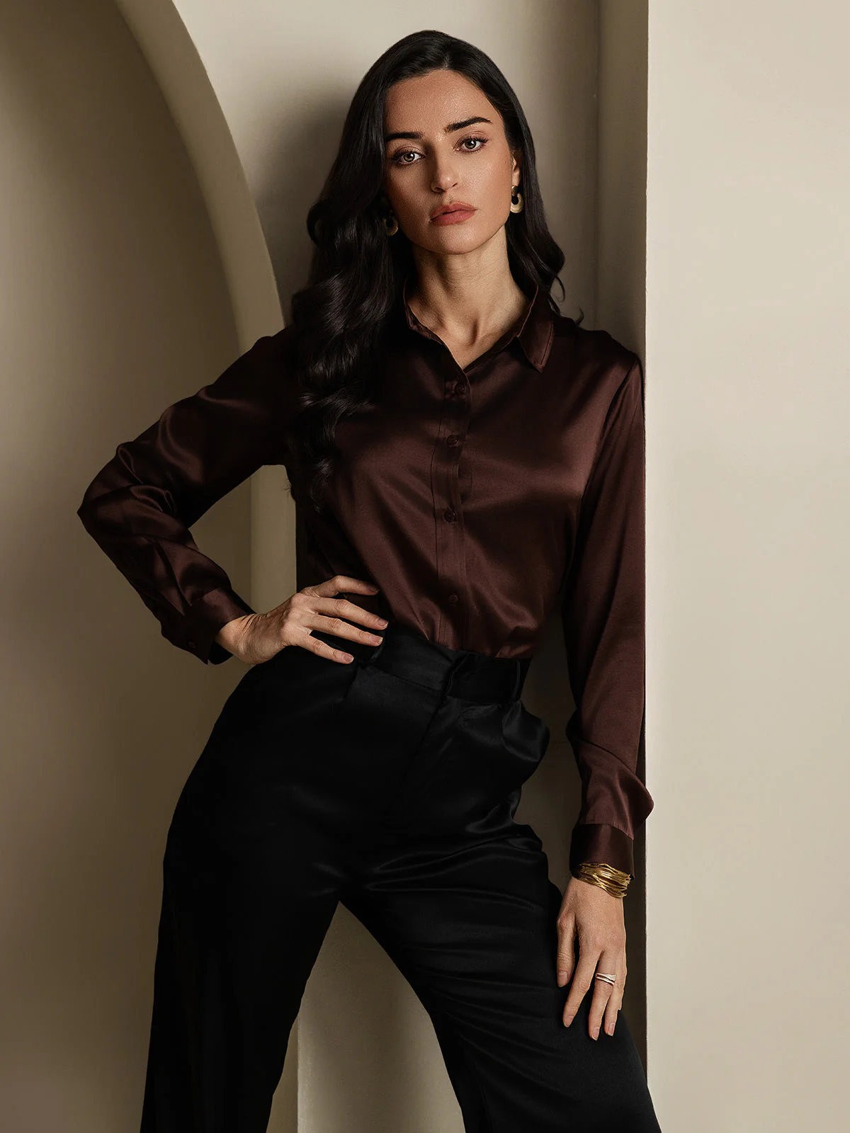 19Momme Silk Long Sleeve Lapel Collar Women's Shirt - Image 33