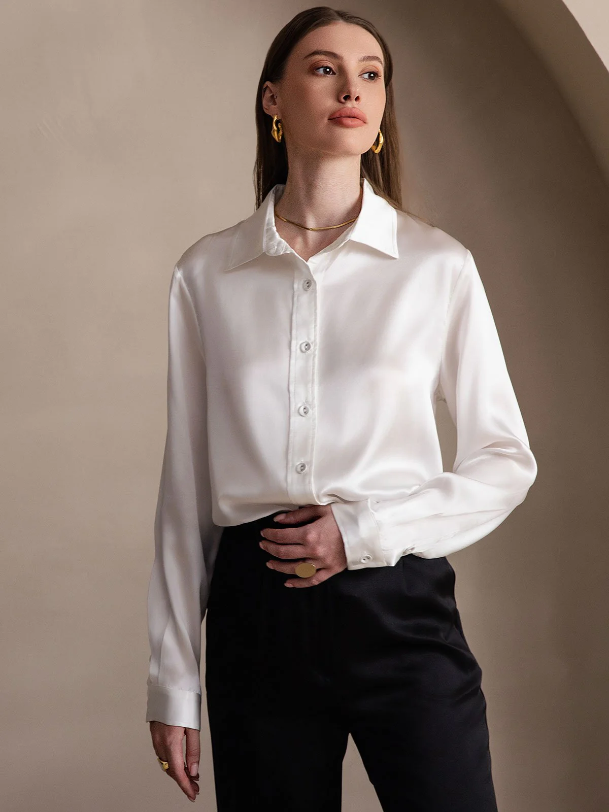 19Momme Silk Long Sleeve Lapel Collar Women's Shirt - Image 42