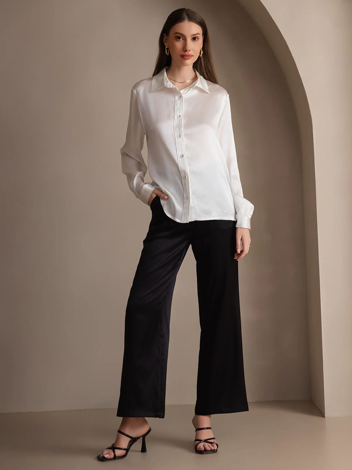 19Momme Silk Long Sleeve Lapel Collar Women's Shirt - Image 44